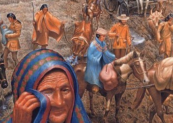 Max D. Stanley's painting depicting the Trail of Tears with woman crying in foreground and families behind her with horses and wagons.