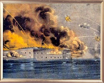Painting: Fire and thick black smoke billow over a rectangular building that sits over water. 