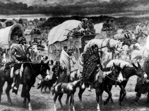Black & White painting: Crowd of people on horses, in covered wagons, and on foot move across a dirt path under dark clouds.