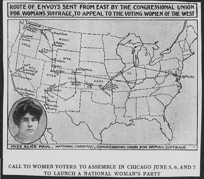 A map of the United States shows the tour route with a picture of Alice Paul in the corner. A map of the United States shows the tour route with a picture of Alice Paul in the corner.