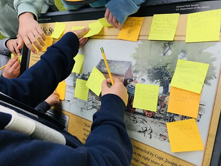 Hands of students placing yellow sticky notes on a park wayside exhibit. Hands of students placing yellow sticky notes on a park wayside exhibit.