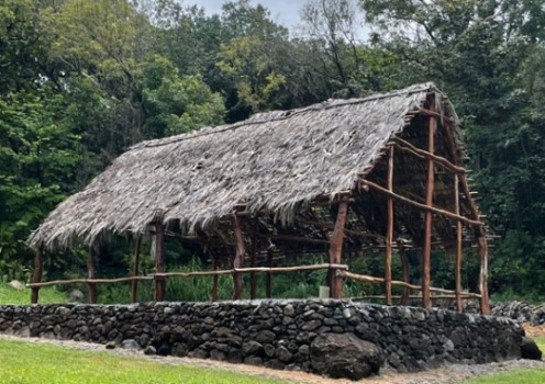 Traditional Hawaiian structure with green vegetation surrounding it Traditional Hawaiian structure with green vegetation surrounding it