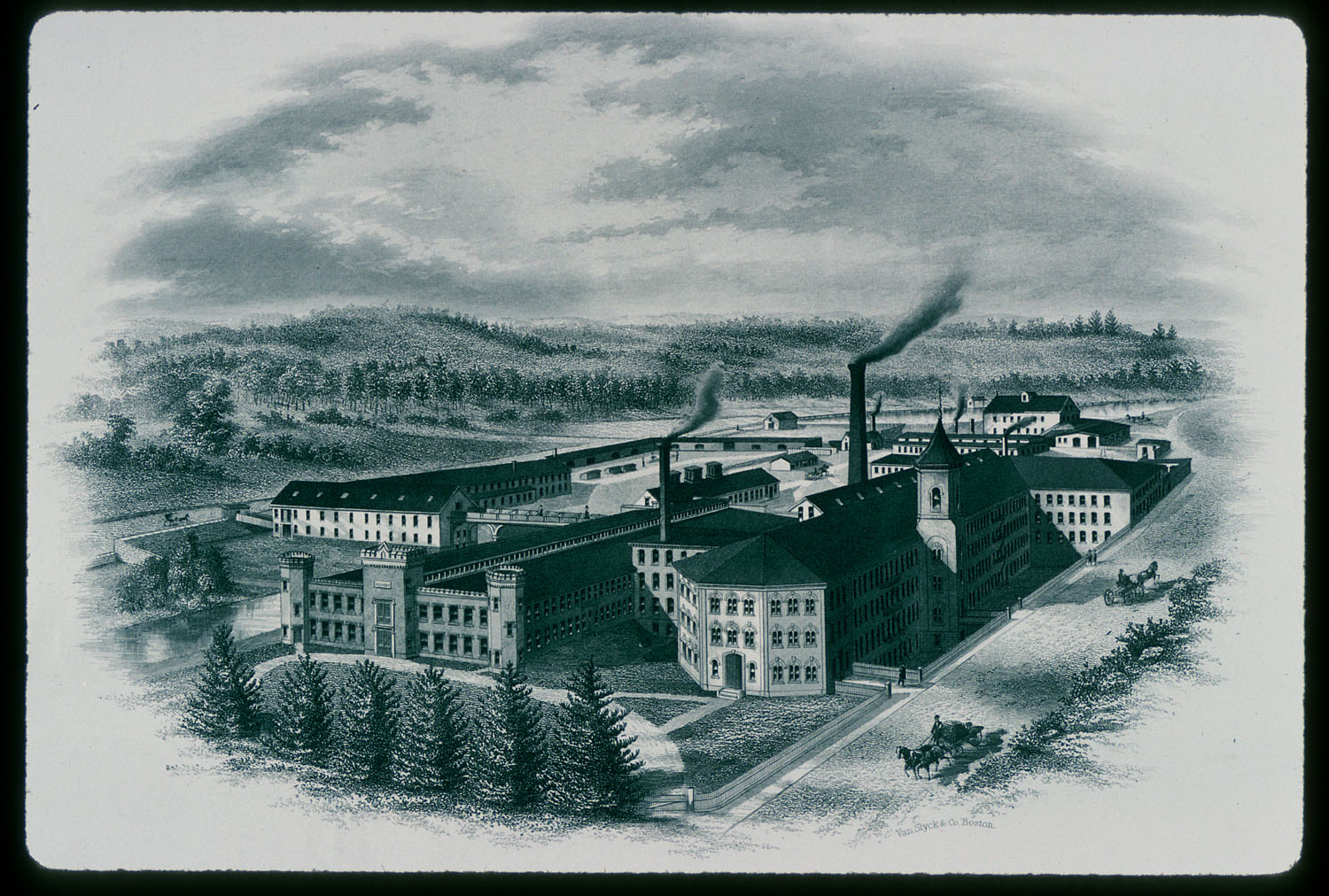Wood cut of large mill with smokestack