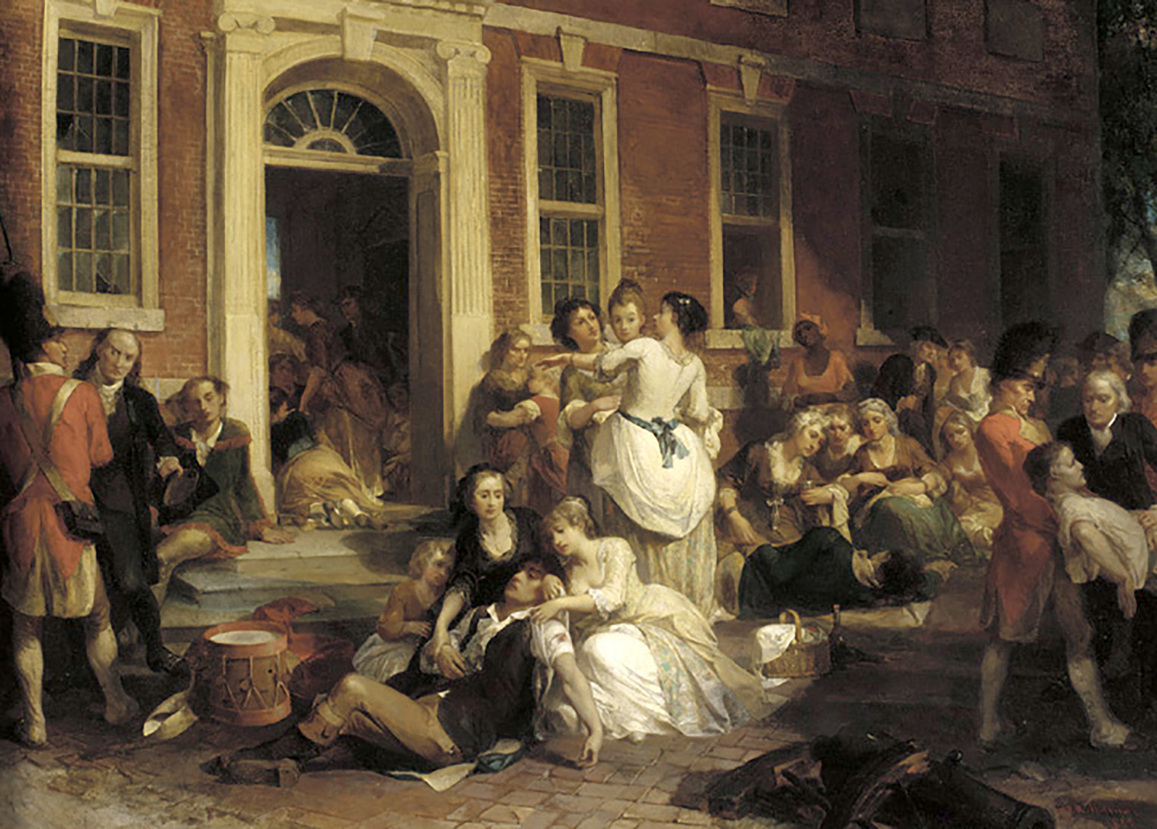 A 19th century painting showing wounded soldiers being treated at Independence Hall.