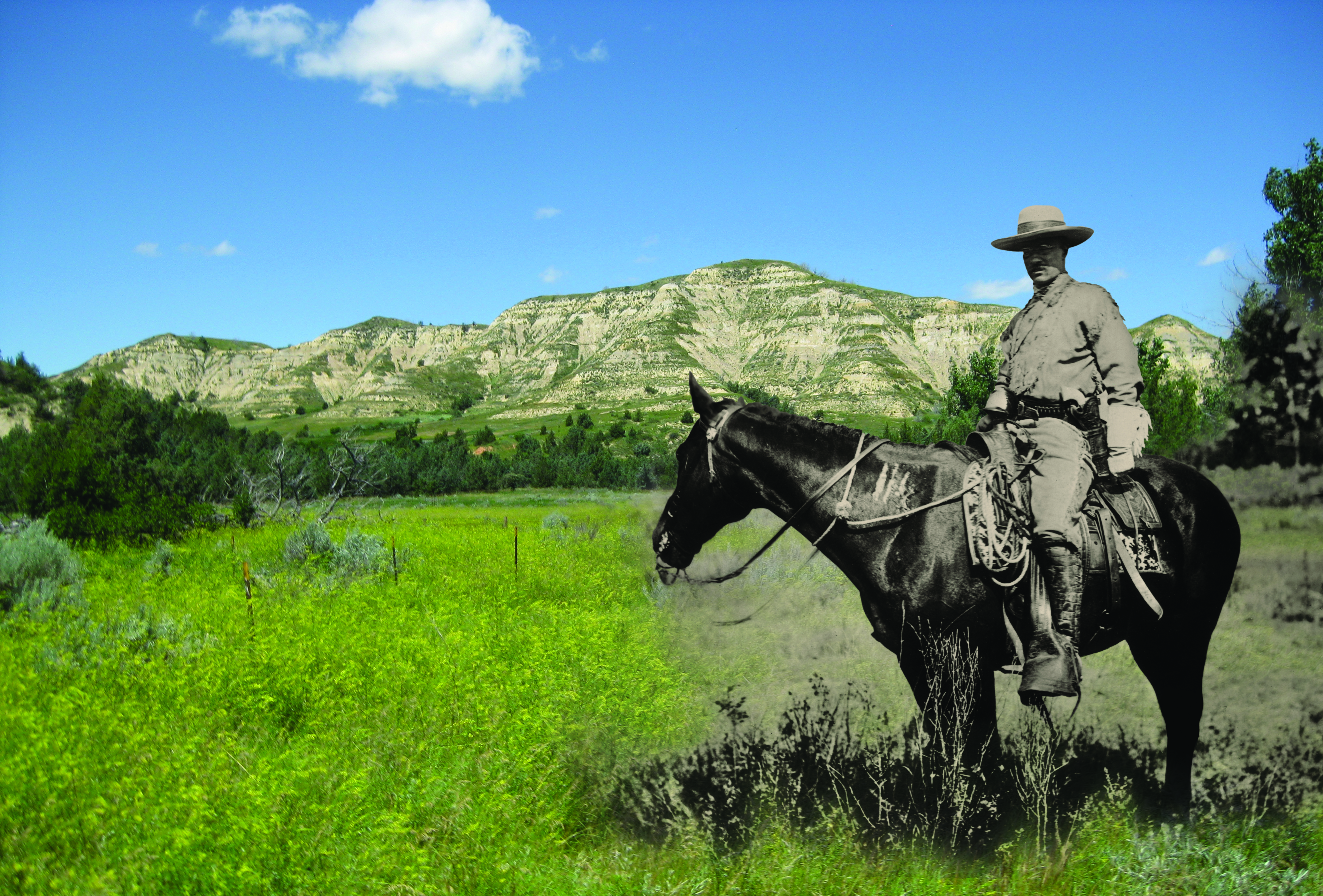 A picture of Roosevelt on a horse placed over a background of the Elkhorn Ranch