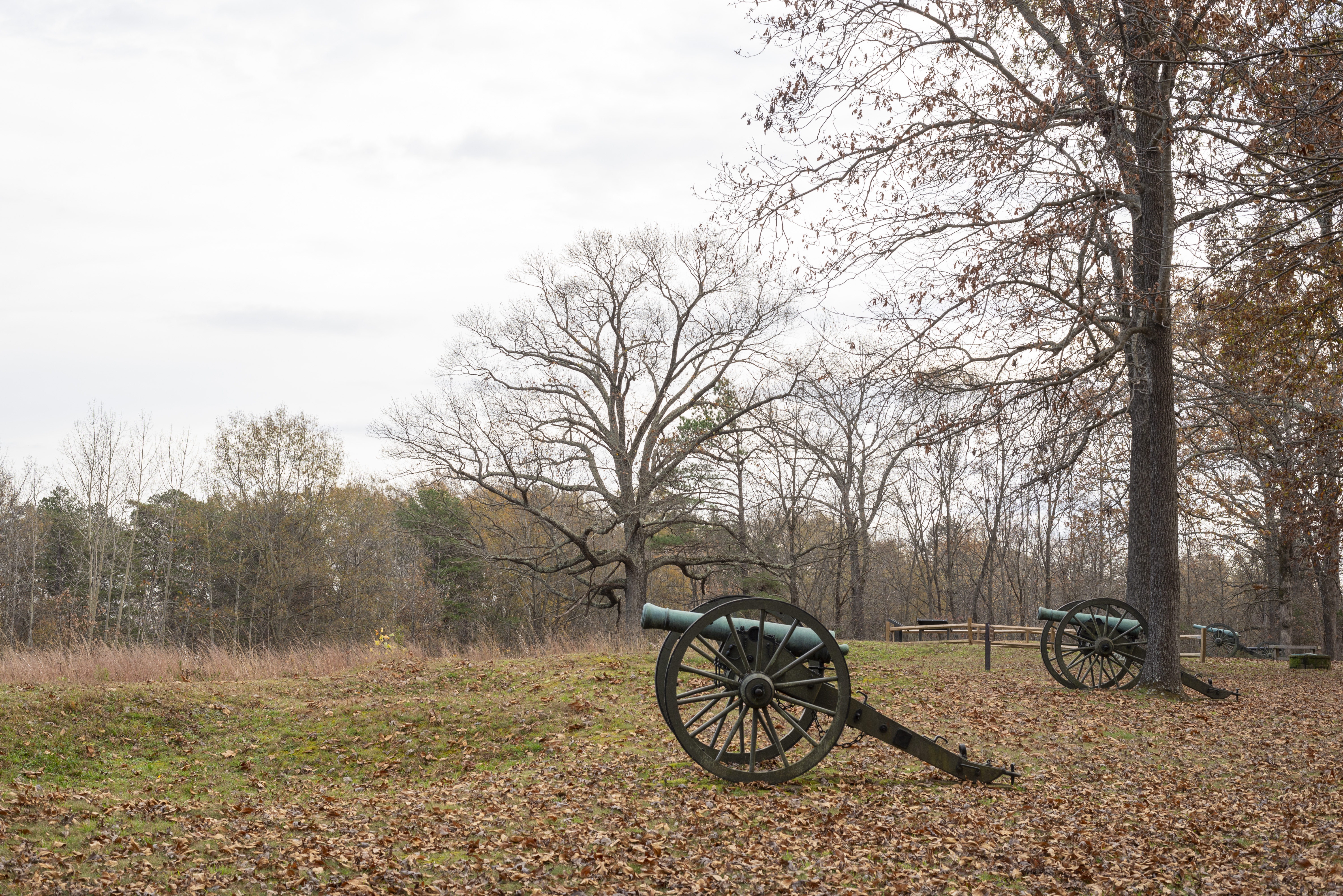 A cannon pointing atop a hill in late fall.