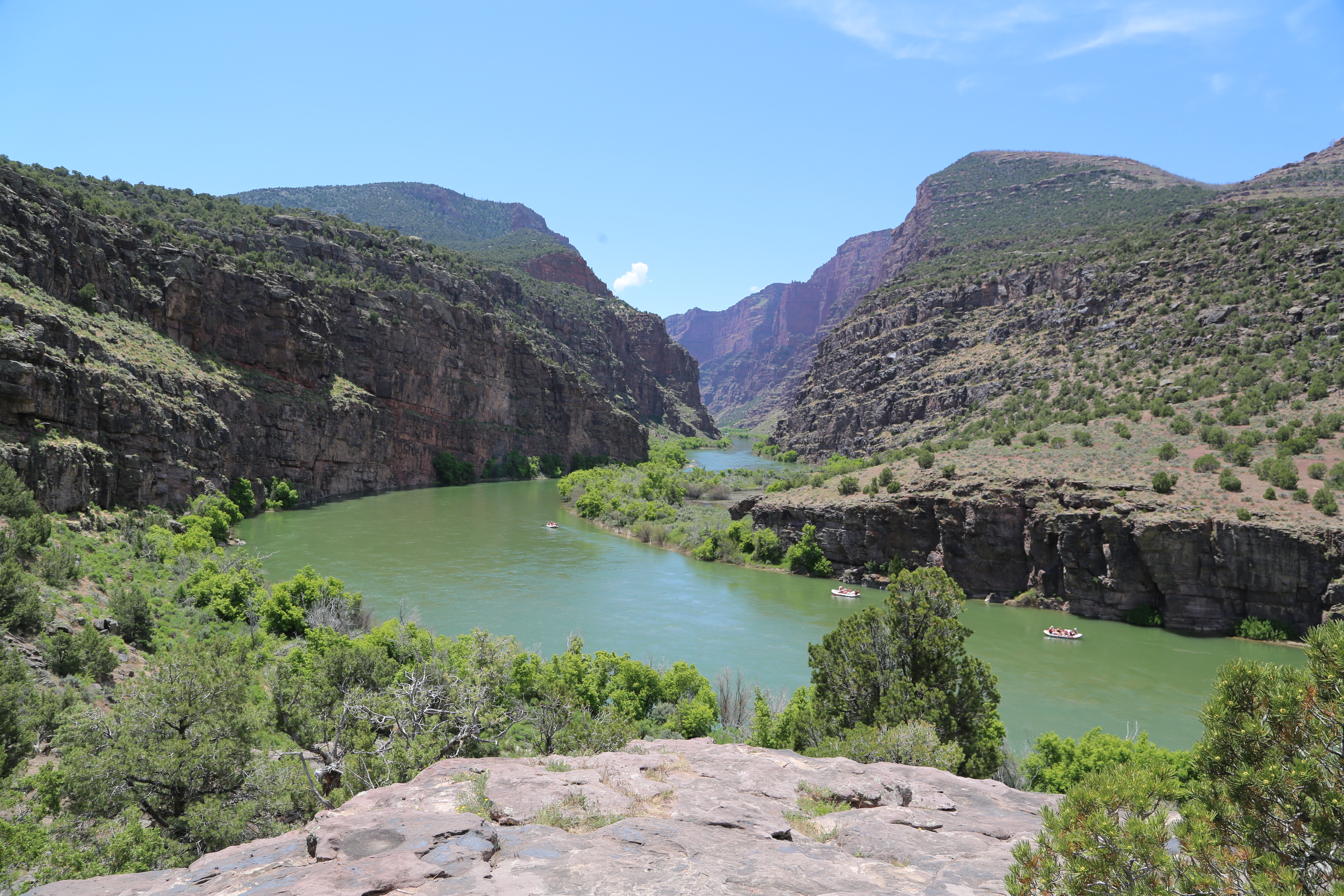 A large, steep walled canyon with a river cutting its way inside with shrubs growing along the side.