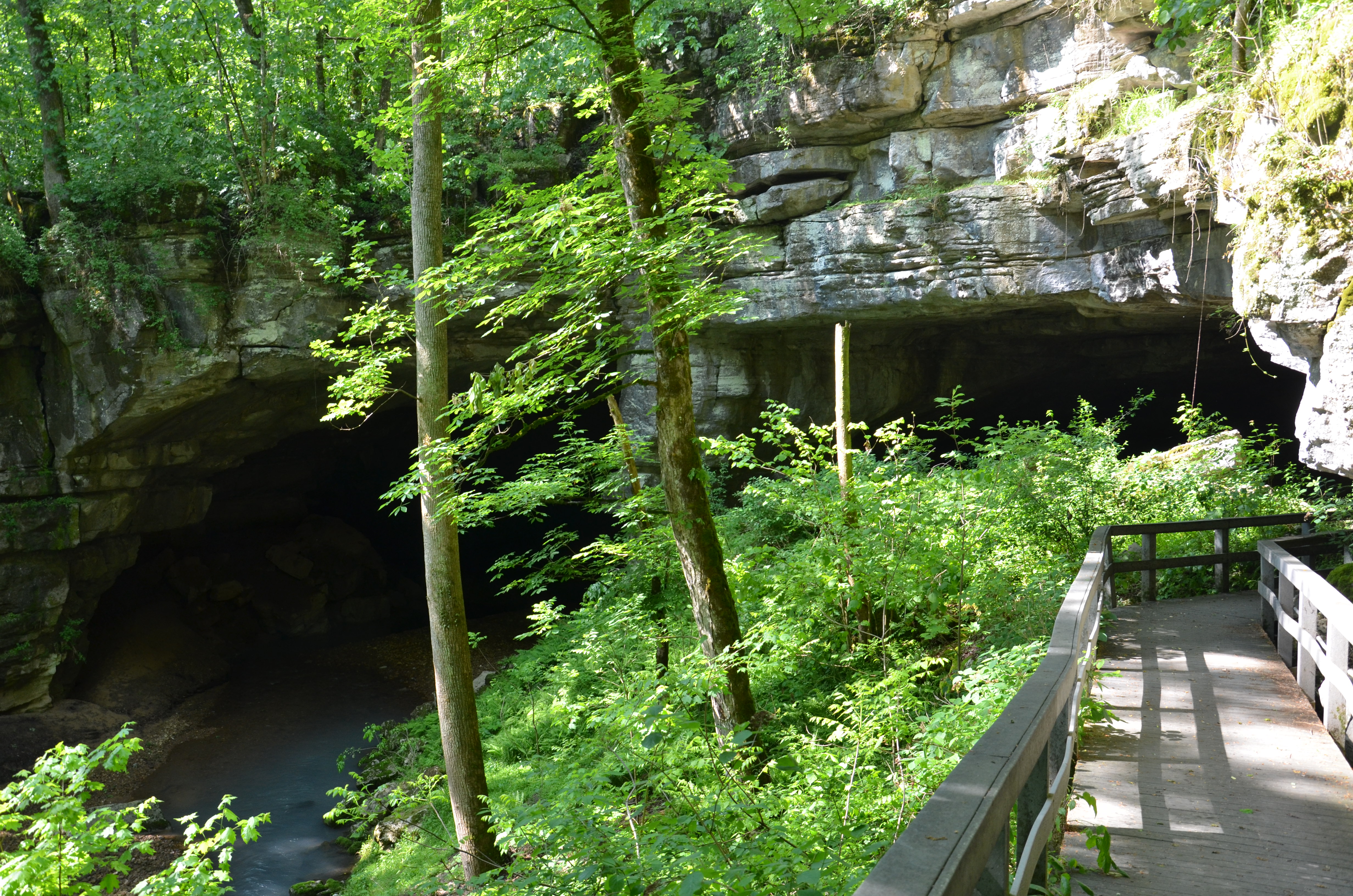 A boardwalk leads to the upper right entrance of a cave, while to the left, water flows below.