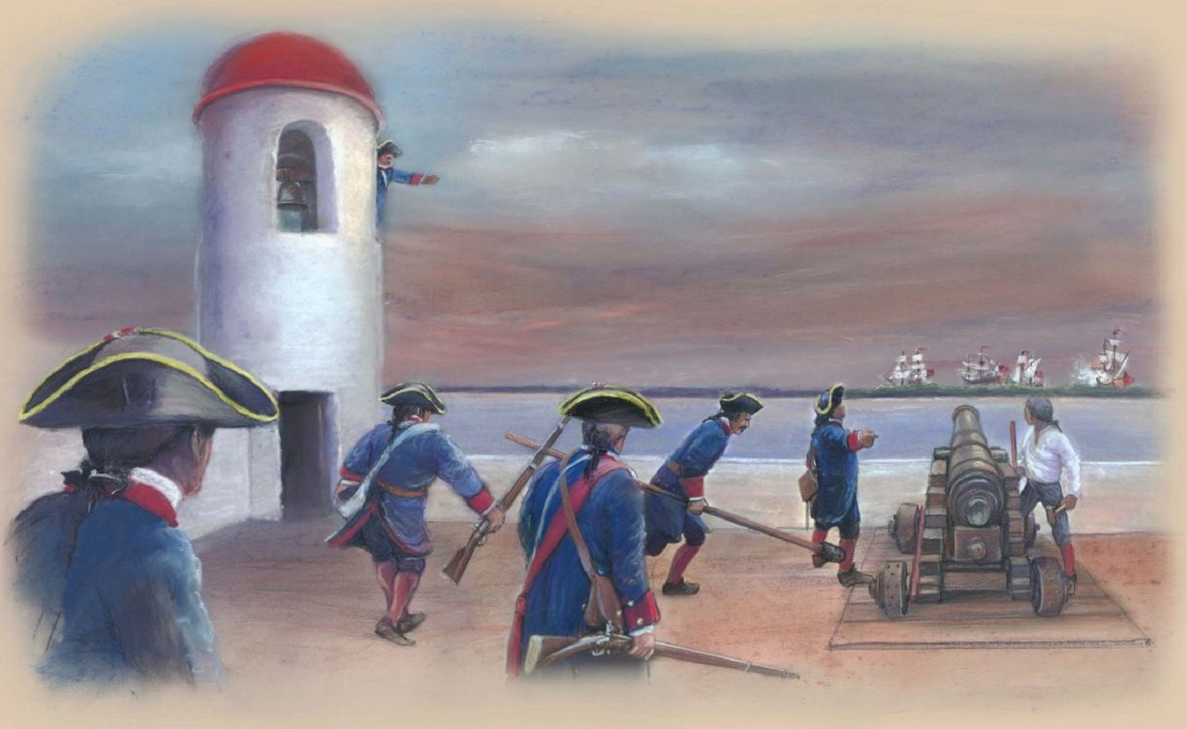 Artist depiction of soldiers prepping a cannon to fire