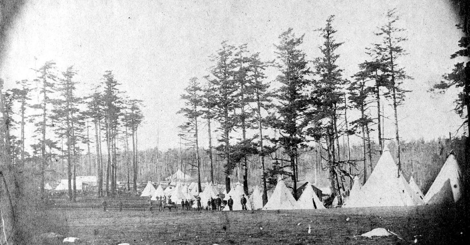 Photo of conical fabric tents with large trees behind them and soldiers in front of them