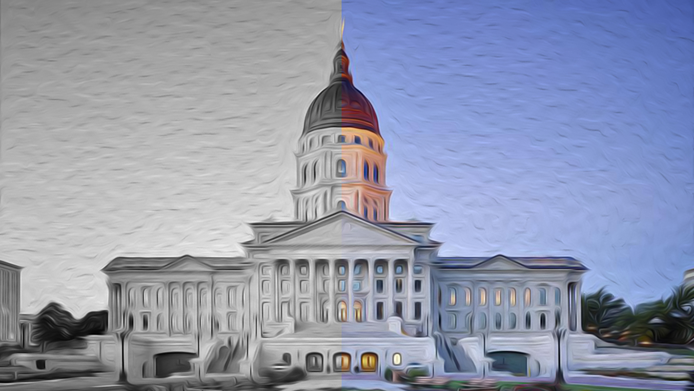 Blurred stylized graphic of topeka statehouse. One half in color, one half black and white.