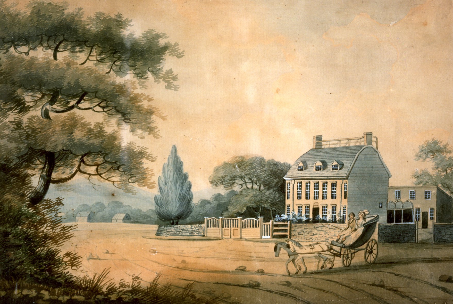 A sepia toned watercolor of Old House with a horse drawn carriage in front