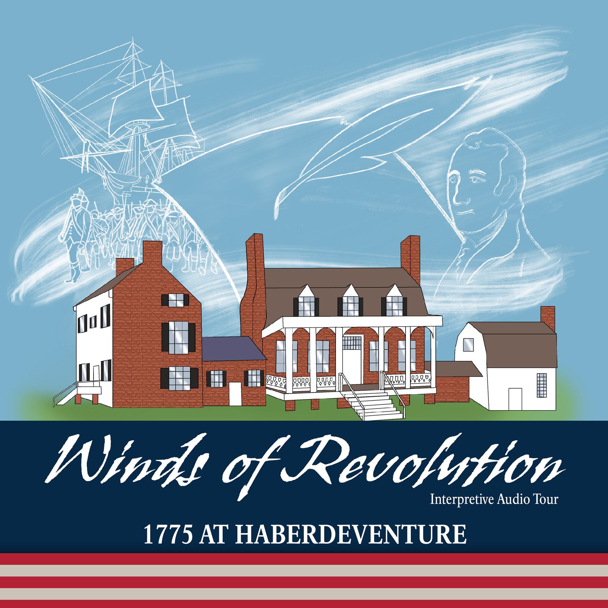 A graphic image of a brick house in front of a white outline drawing of a man, soldiers, and a quill
