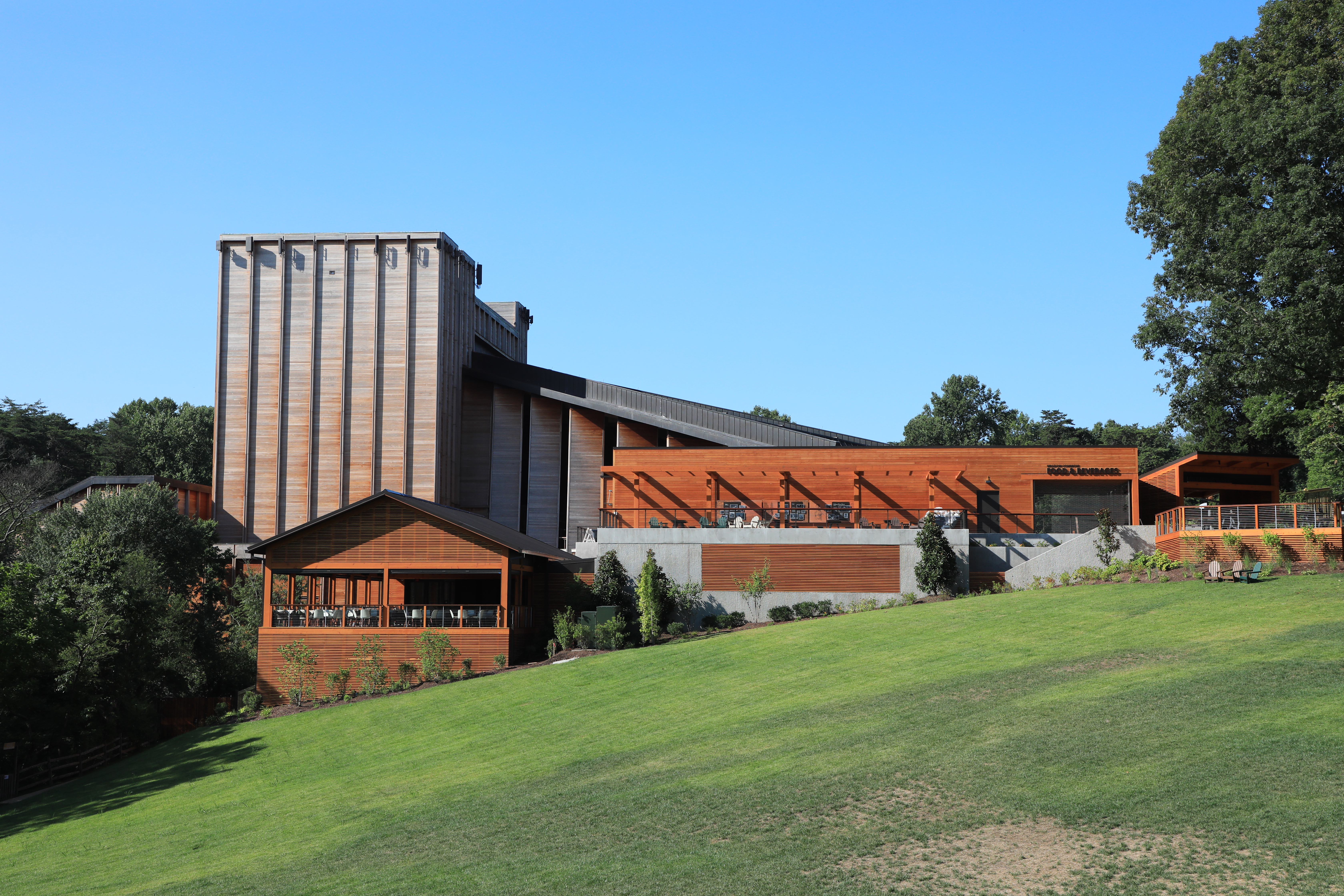 Large theater pavilion behind Filene Center viewed from Meadow