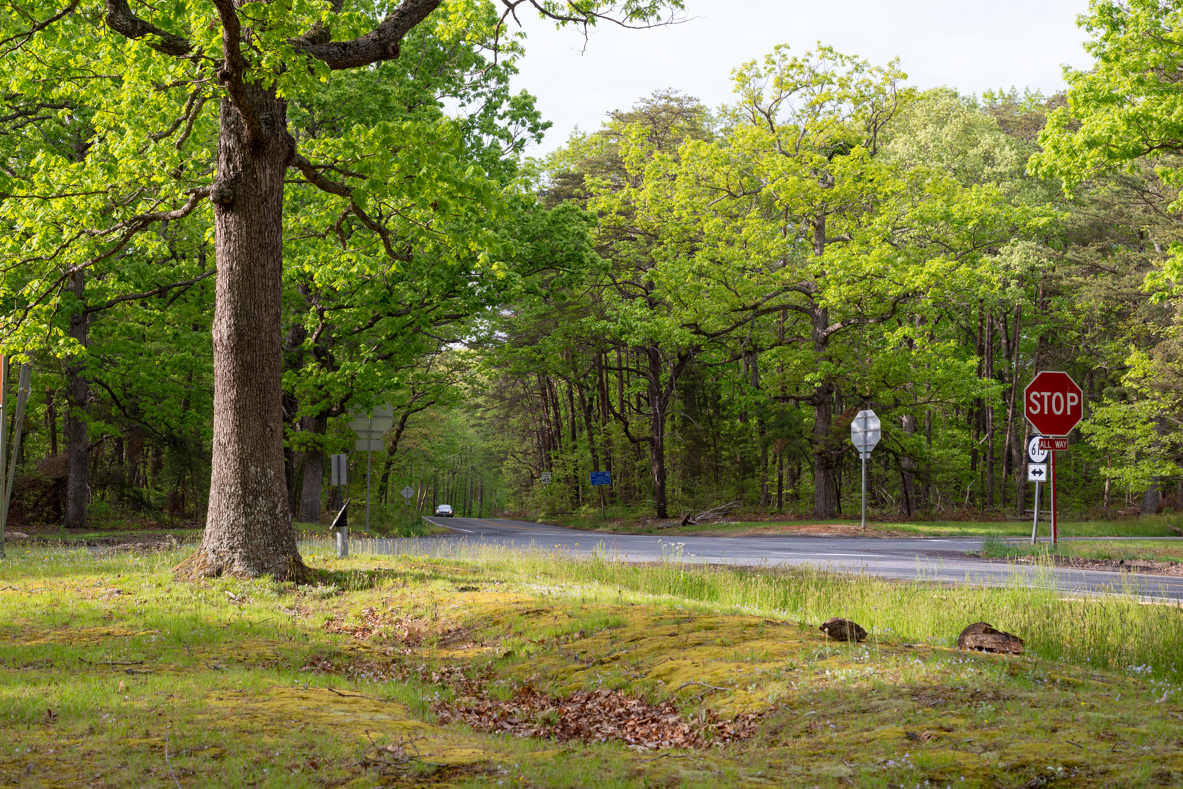 A road intersection with earthworks running next to the road.