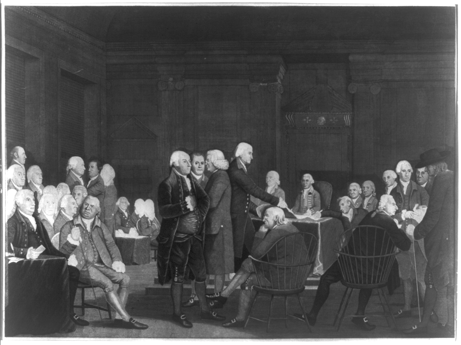 A black and white period engraving showing men in 18th century garb sitting and standing in a room.