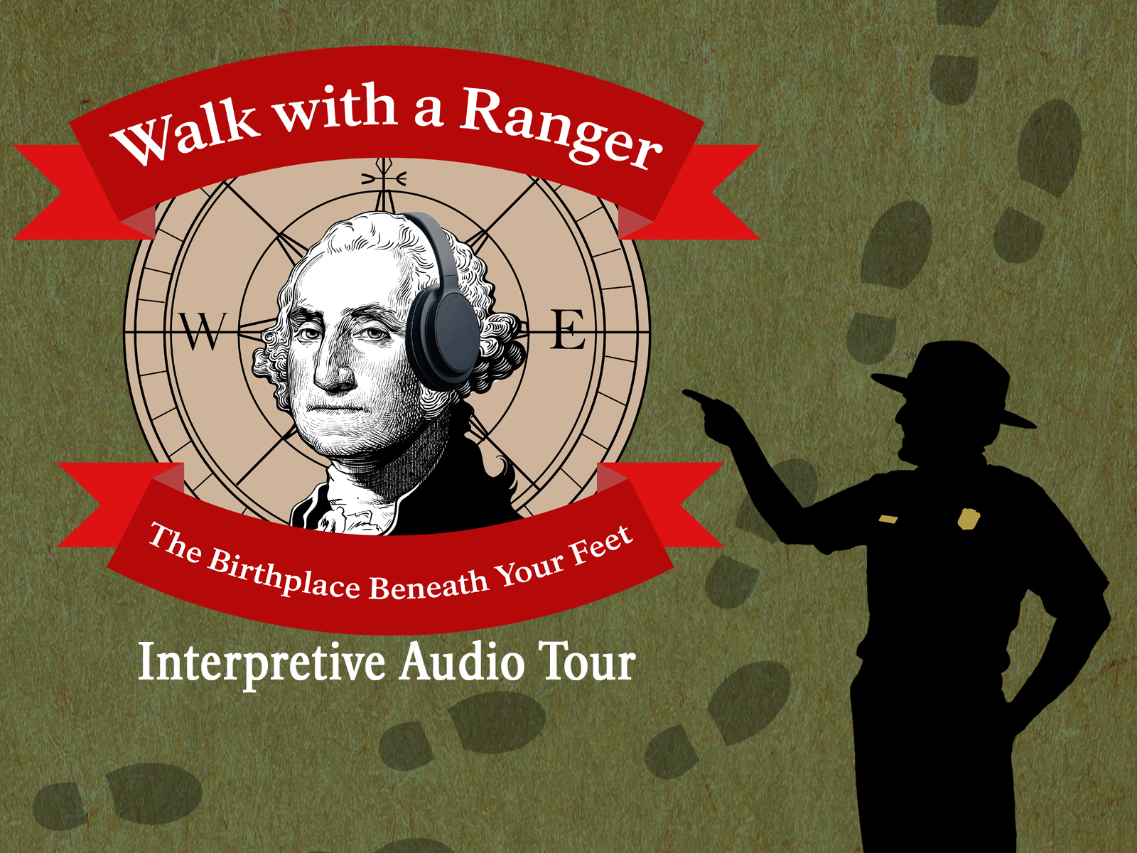 A silhouette of a park ranger pointed to george washington with headphones in a graphic.