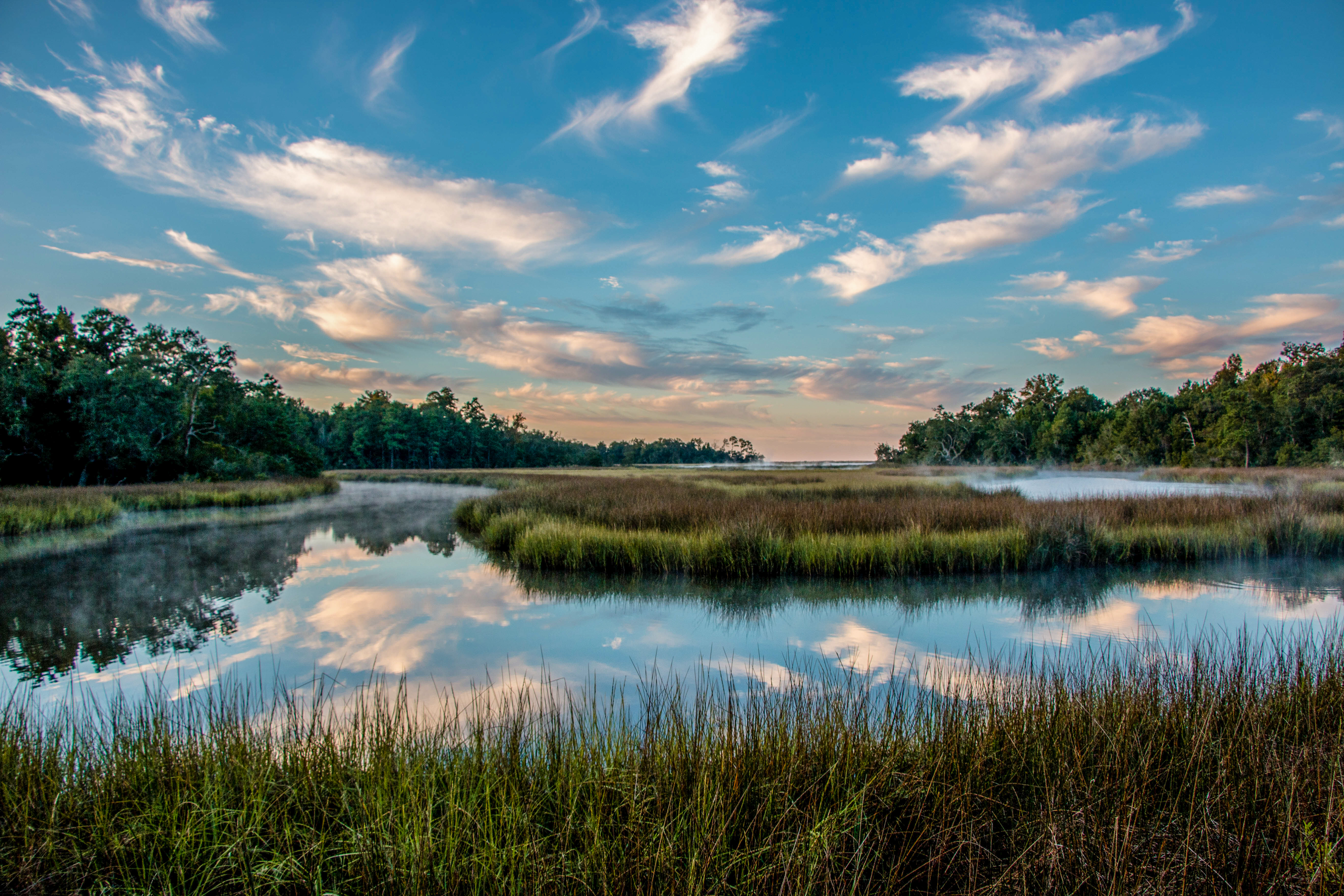 The sun rises in a blue sky with white clouds over a serene bayou with mist rising.