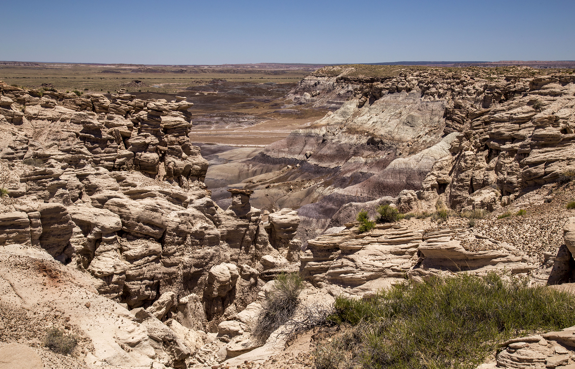 Highly eroded features frame a view of blue, purple, and gray escarpment.