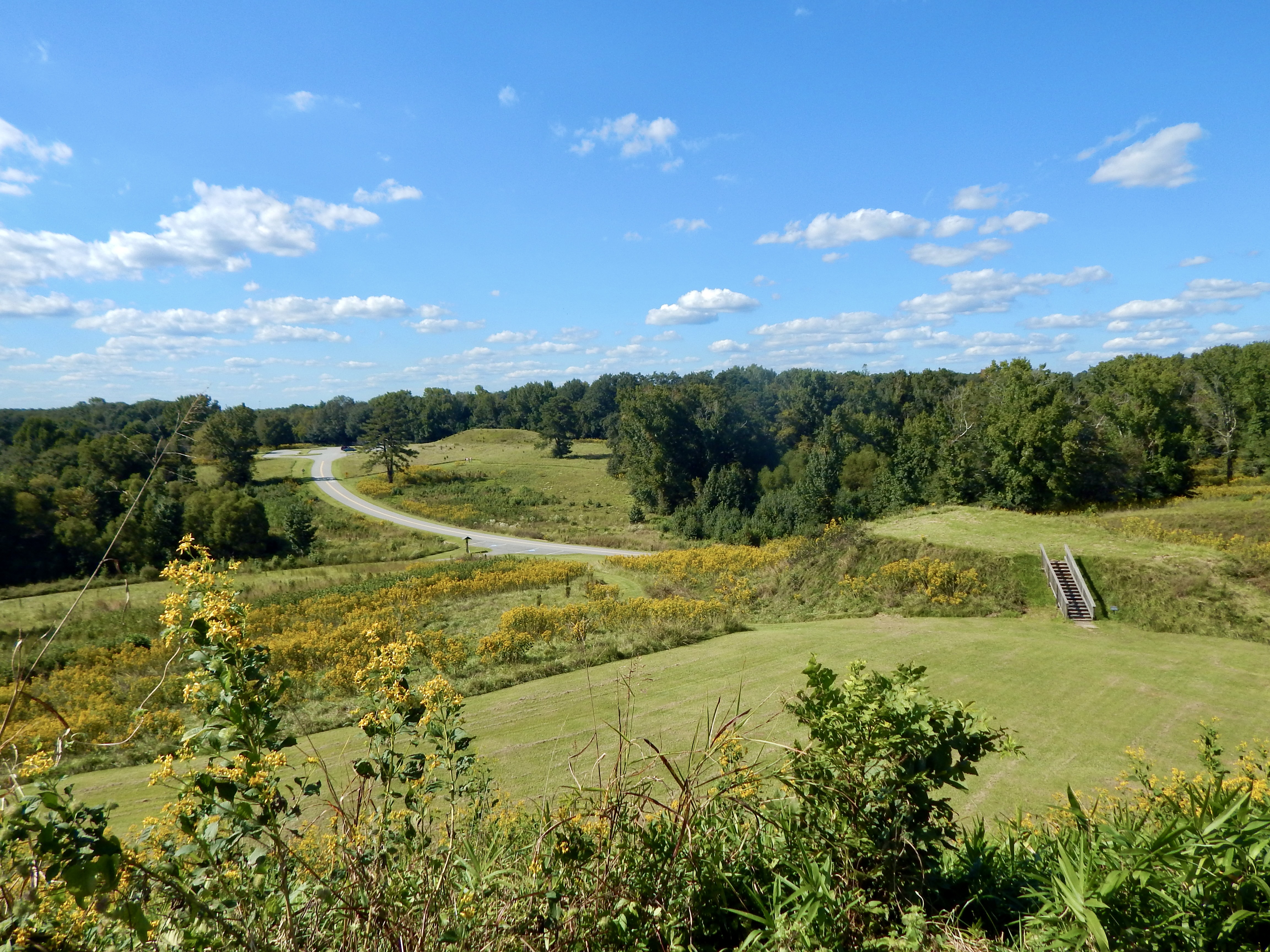 A view of the Lesser Temple Mound and Funeral Mound from on top of the Great Temple Mound
