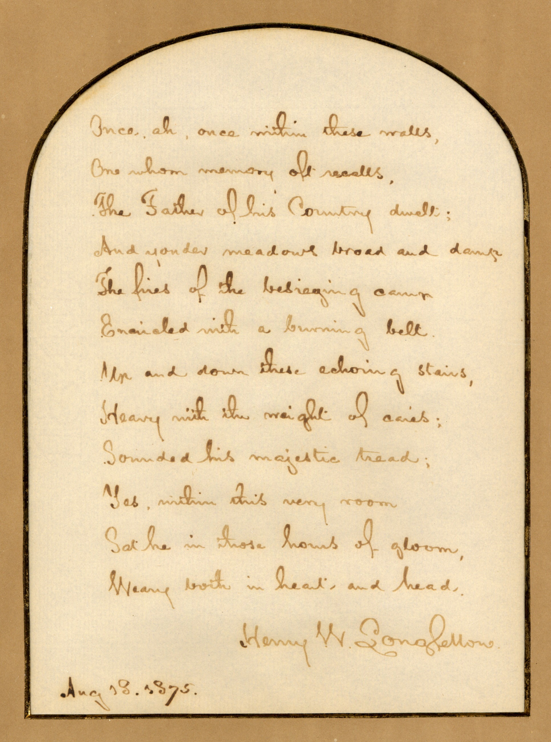 manuscript of a stanza of poem "To A Child" signed by Henry W. Longfellow