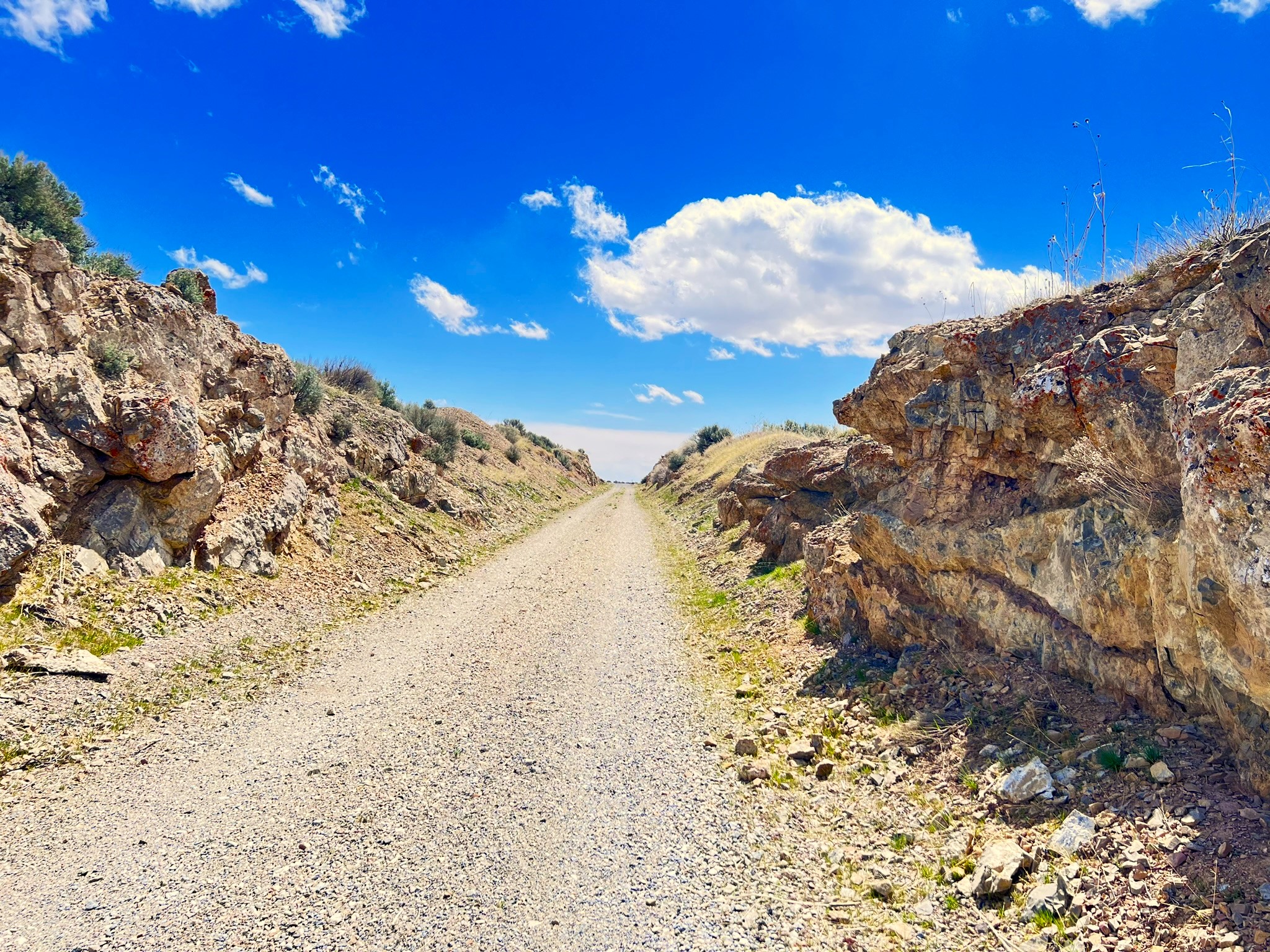 Gravel road with yellow and green sagebrush, Sloping cut rock