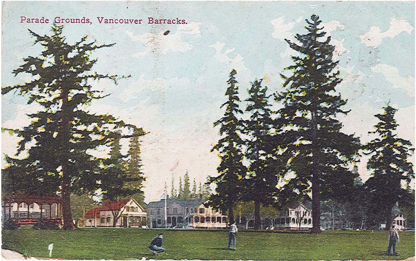 A color illustration shows a grassy field with trees, people, a gazebo, and a row of houses.