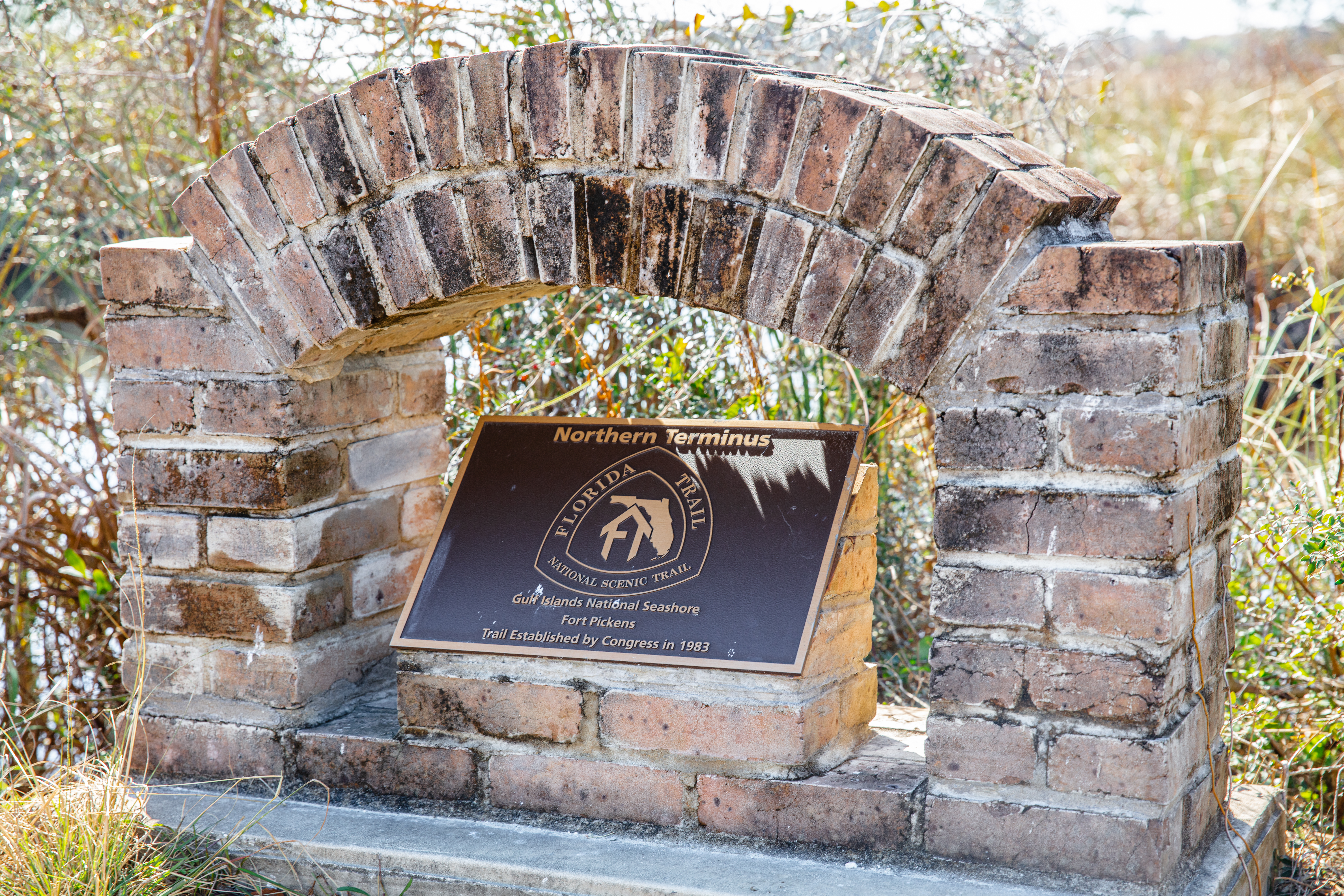 A sign for the Florida National Scenic Trail stands in front of a sandy path.