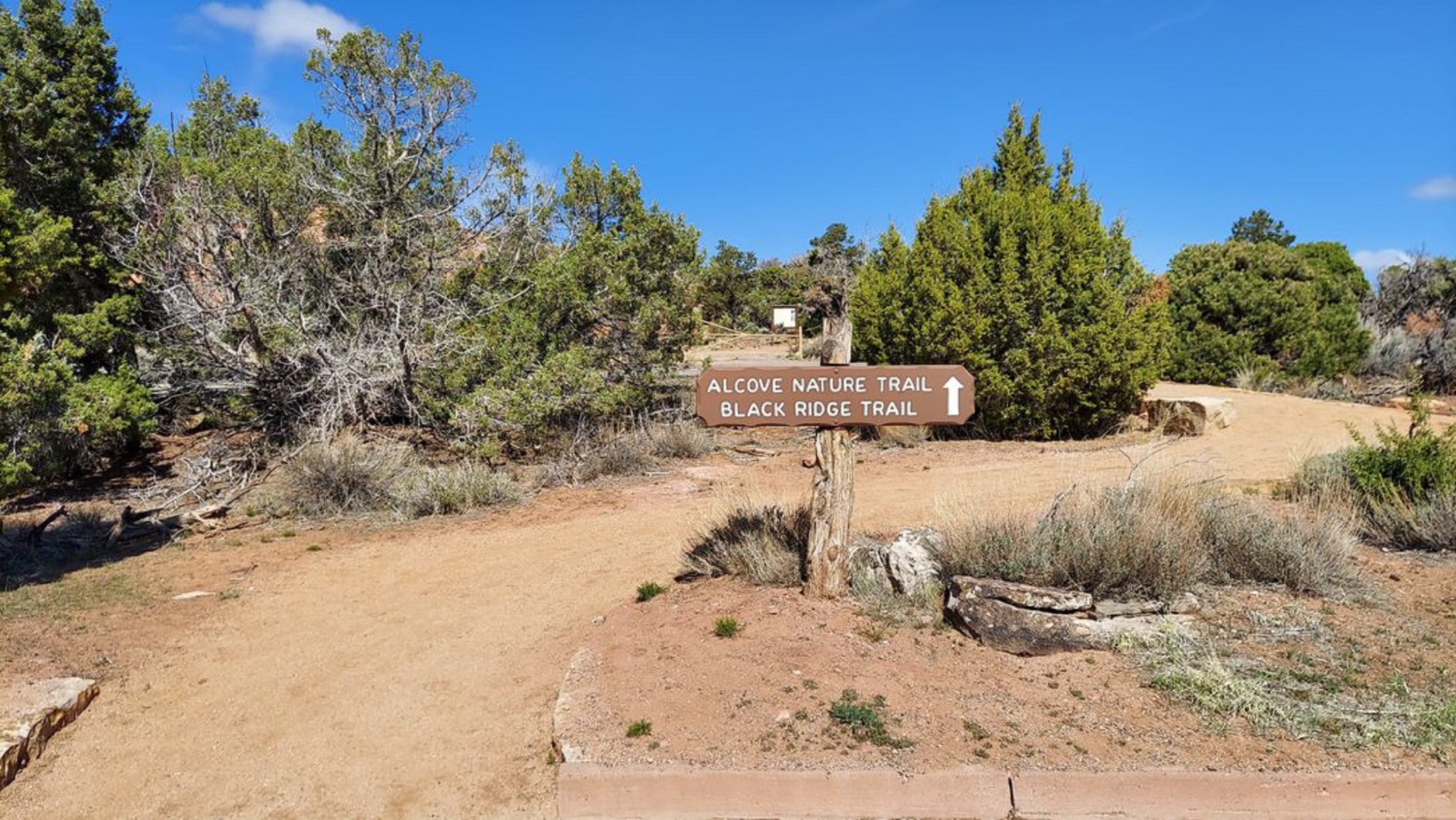 Crushed gravel path with a sign that points to the trails. Shrubs and trees in the background.