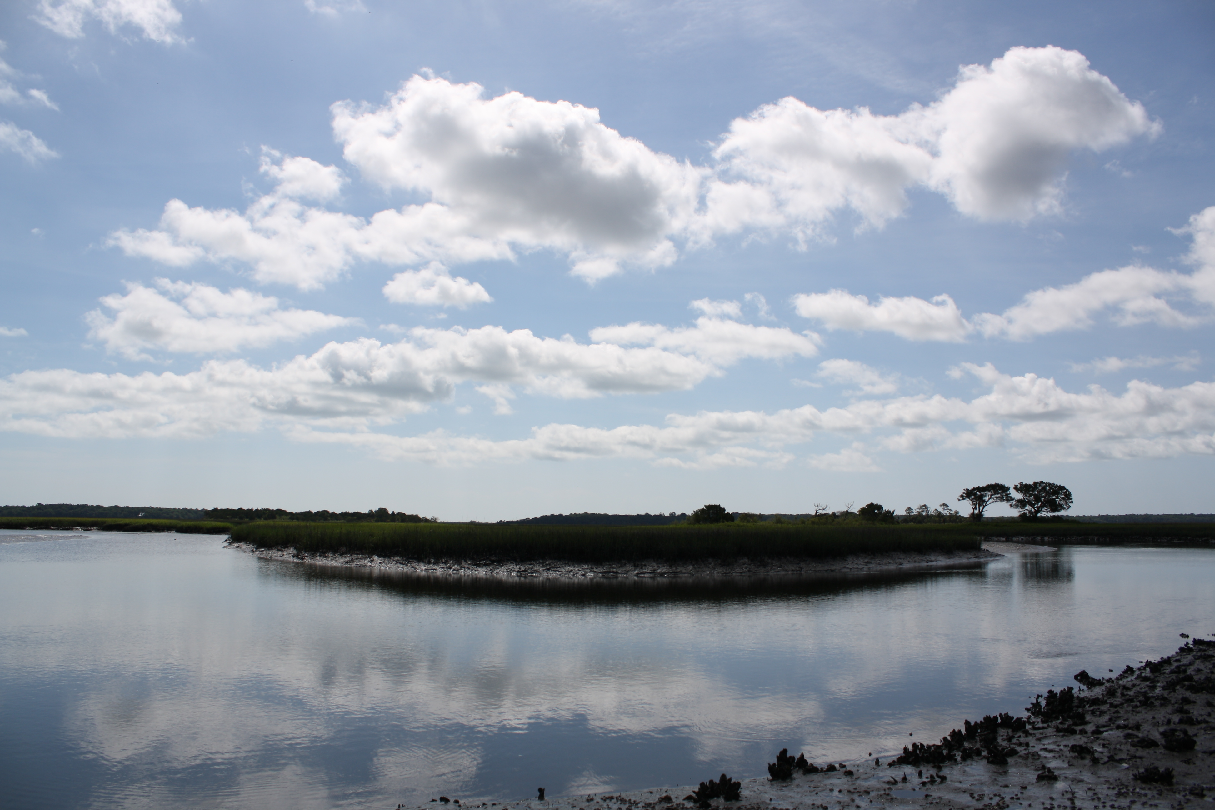 a creek bending in a horse shoe shape around a small island