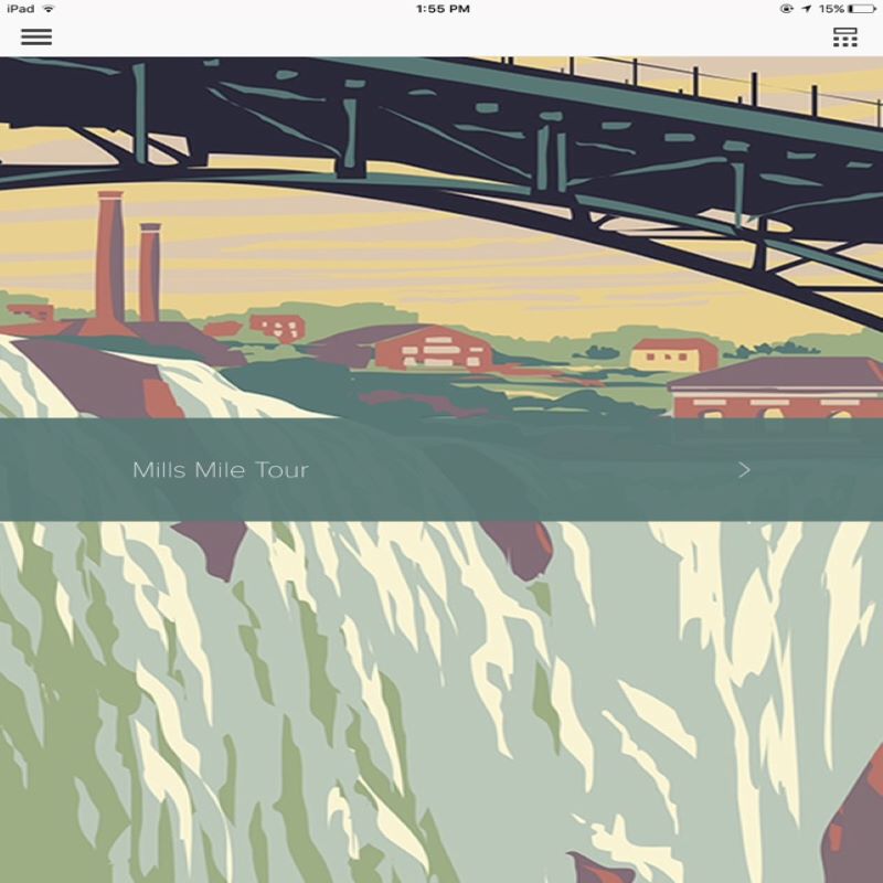 App home screen showing a colorful drawing of the Great Falls with the bridge over head.