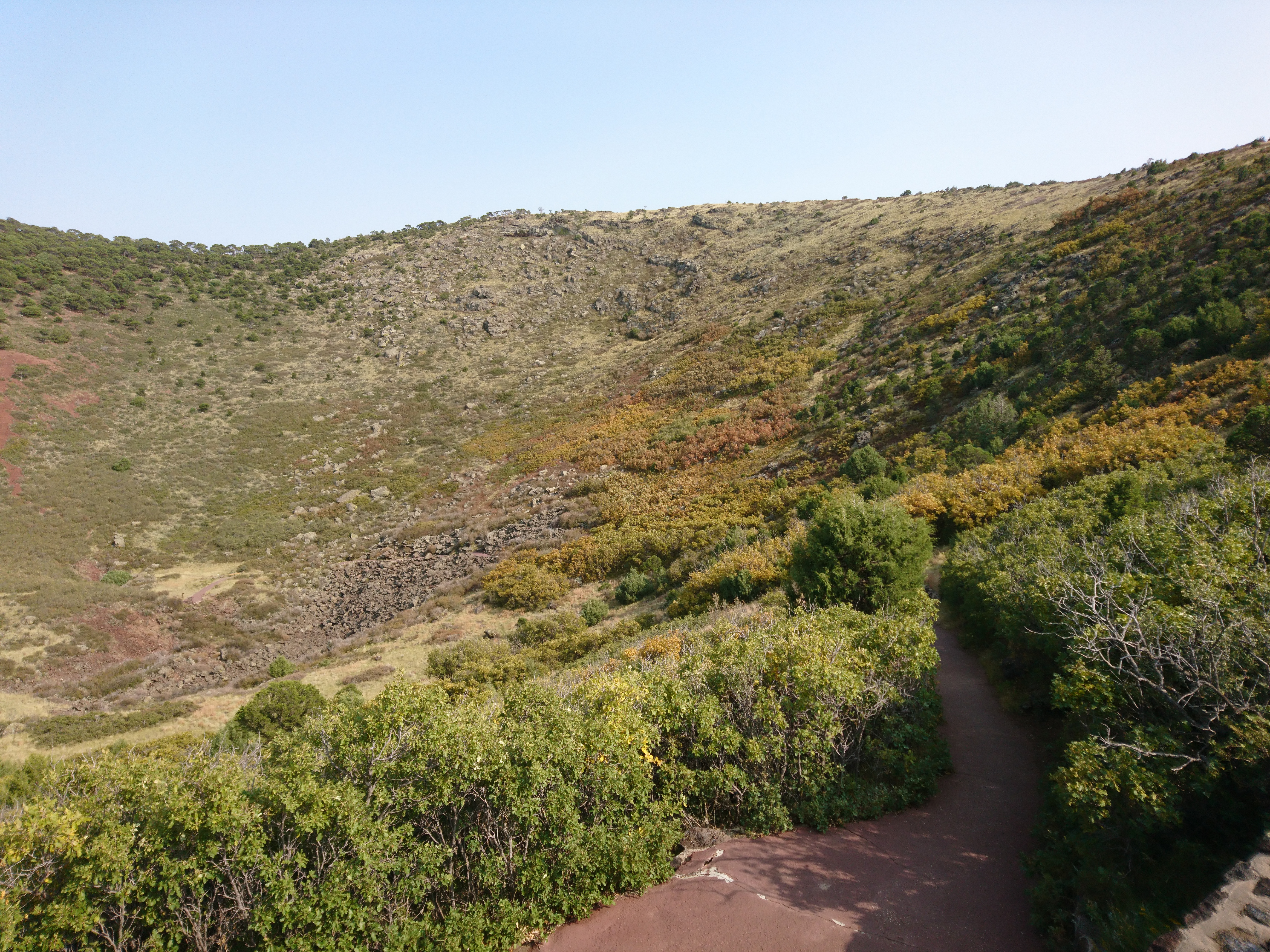 Trail down into the crater of Capulin Volcano lined by green, yellow, and red oak brush