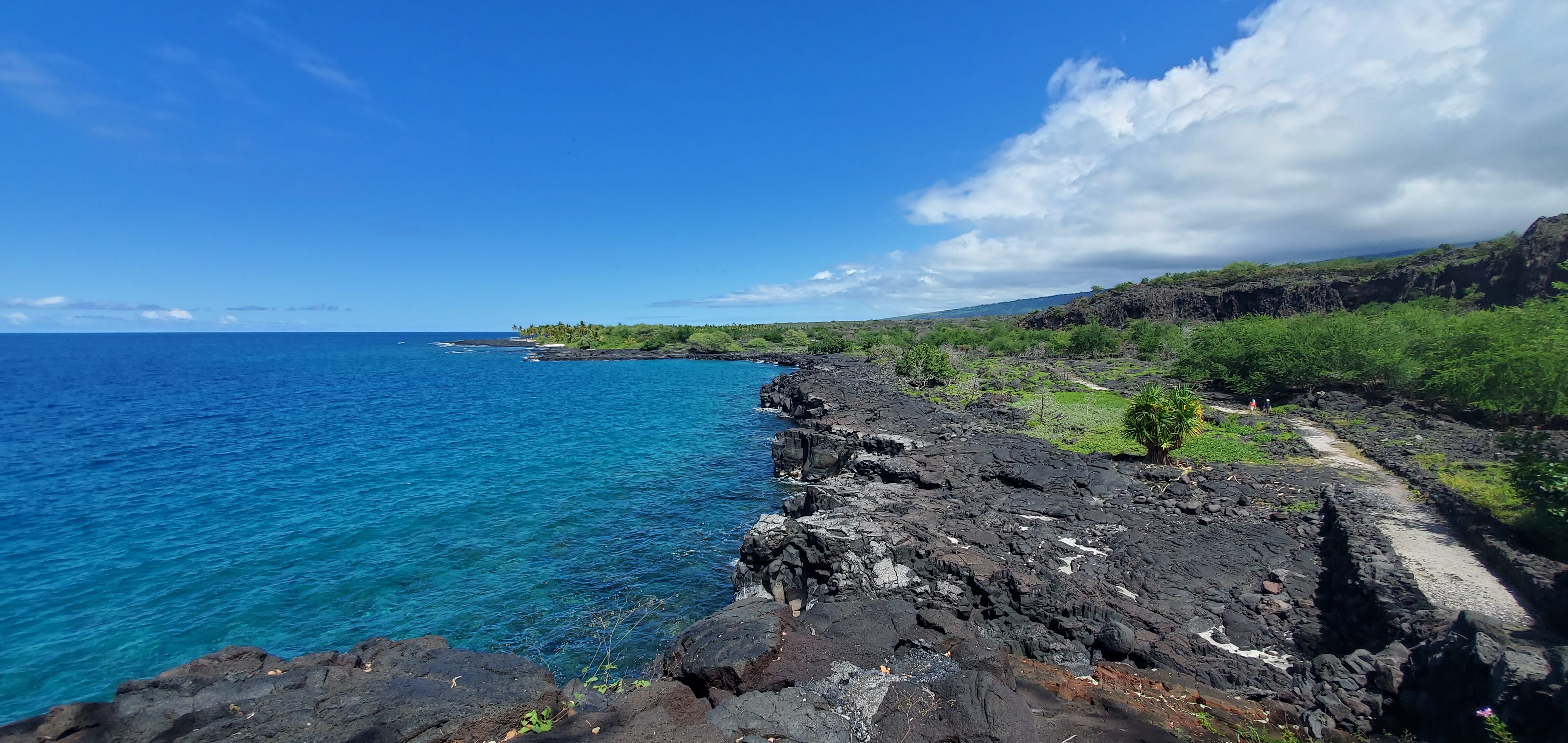 An expansive view of the South Kona coastline with 1871 trail running parallel to the shoreline.