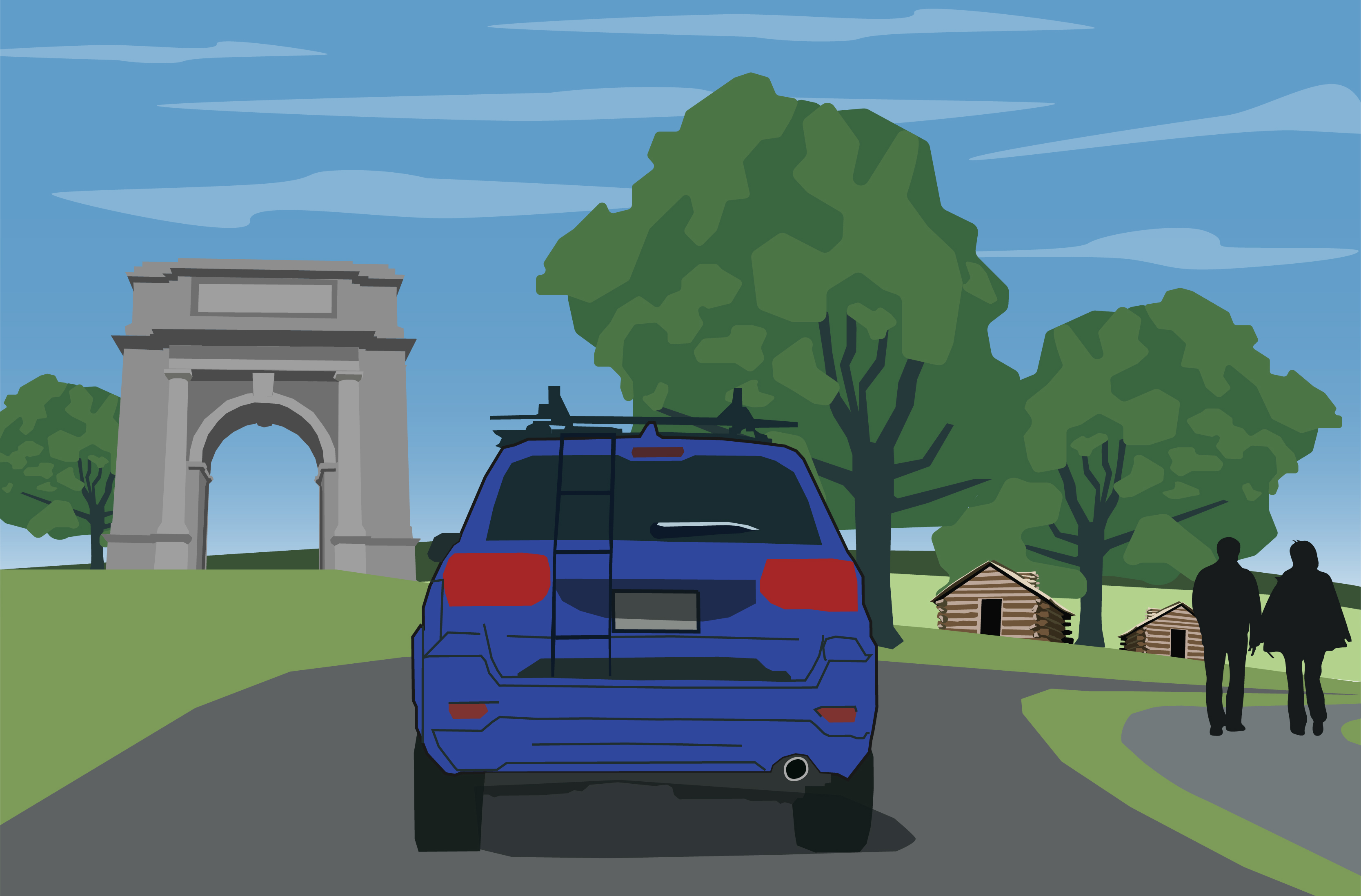 an illustration of a vehicle driving past the national memorial arch