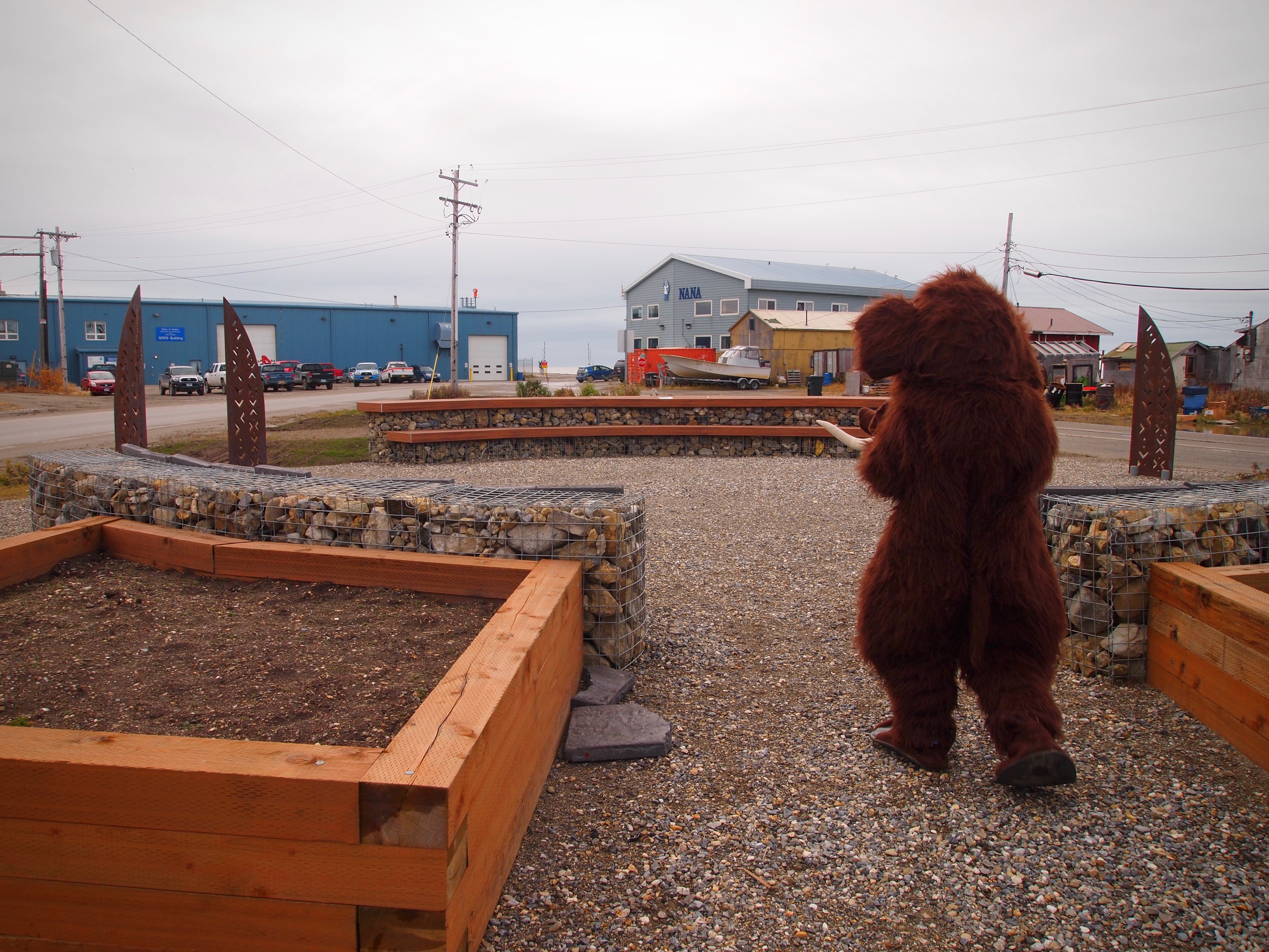 person in mammoth costume, walks on rock through a raised wooden garden area