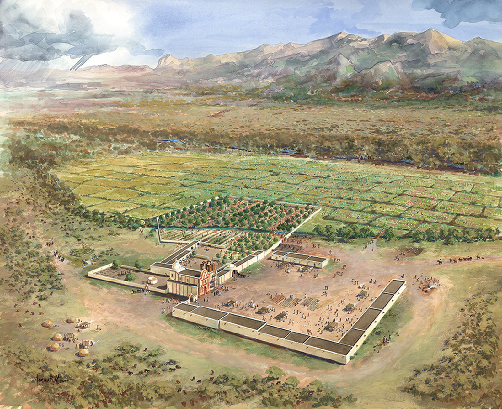 illustration of oblique aerial view of mission grounds with agricultural landscape and mountains