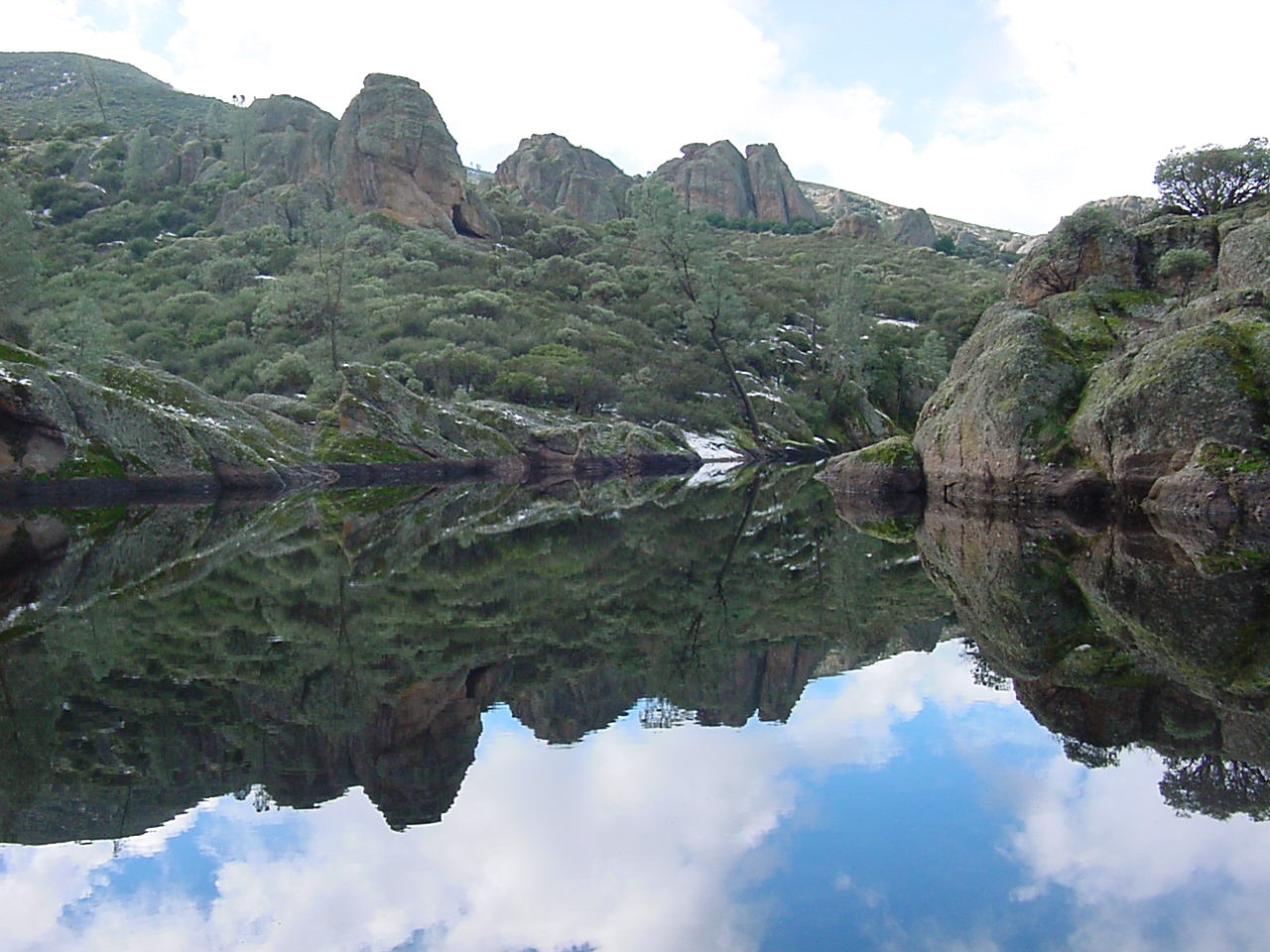a body of water with rocks and bushes surrounding it.