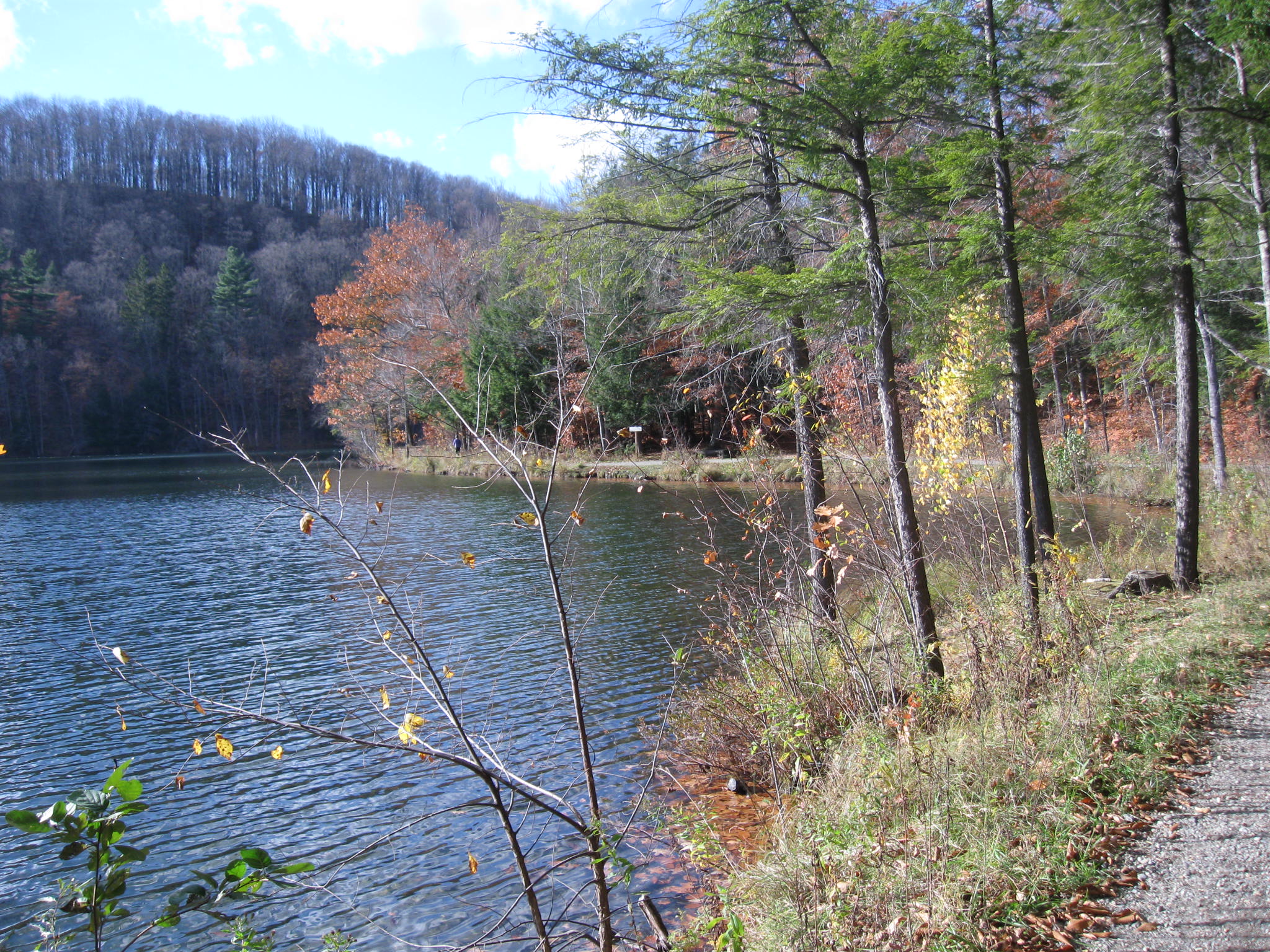 pond with small mountain in backroad and visible trail