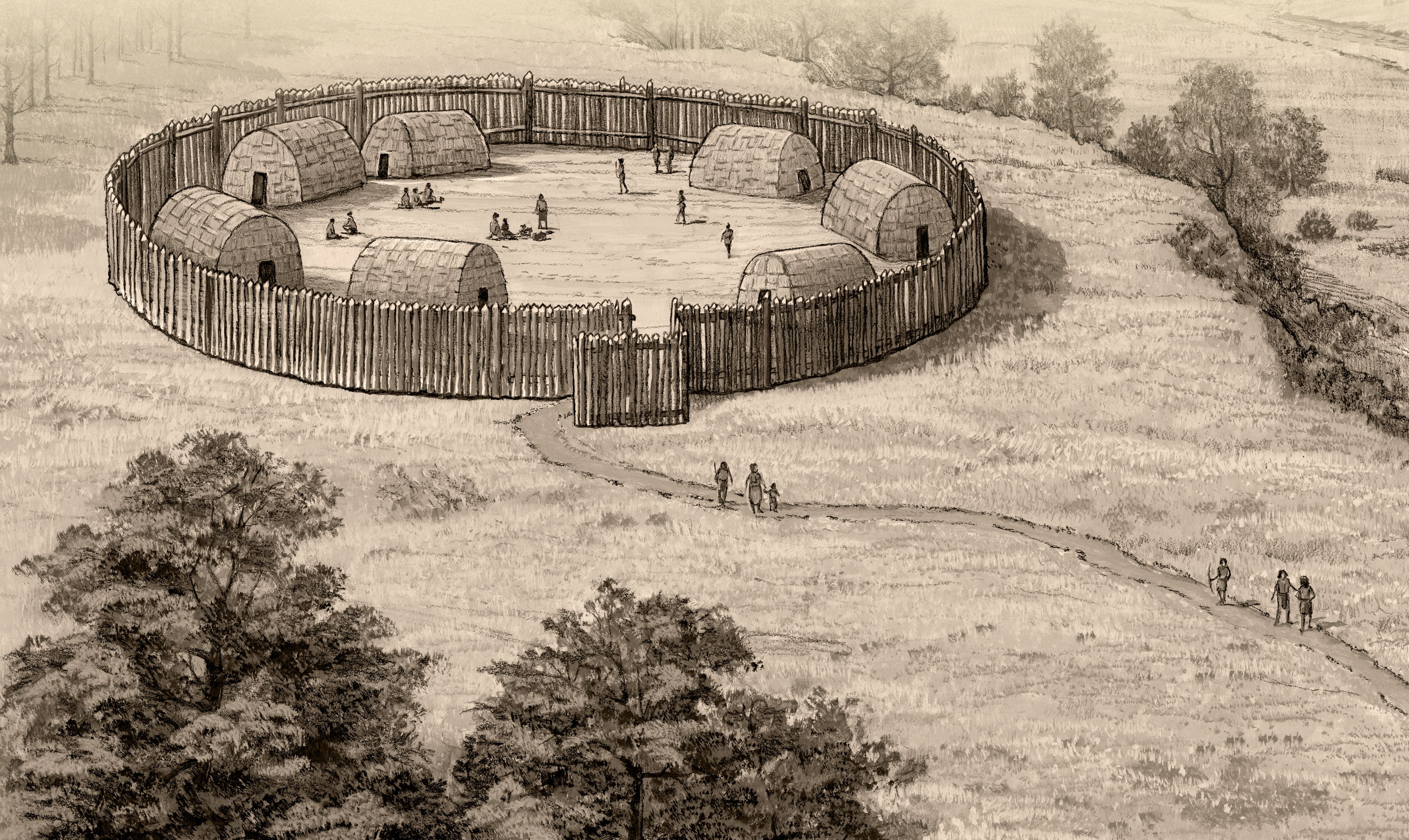 A sepia drawing of a prehistoric village of 7 loaf shaped buildings, surrounded by a circular fence.