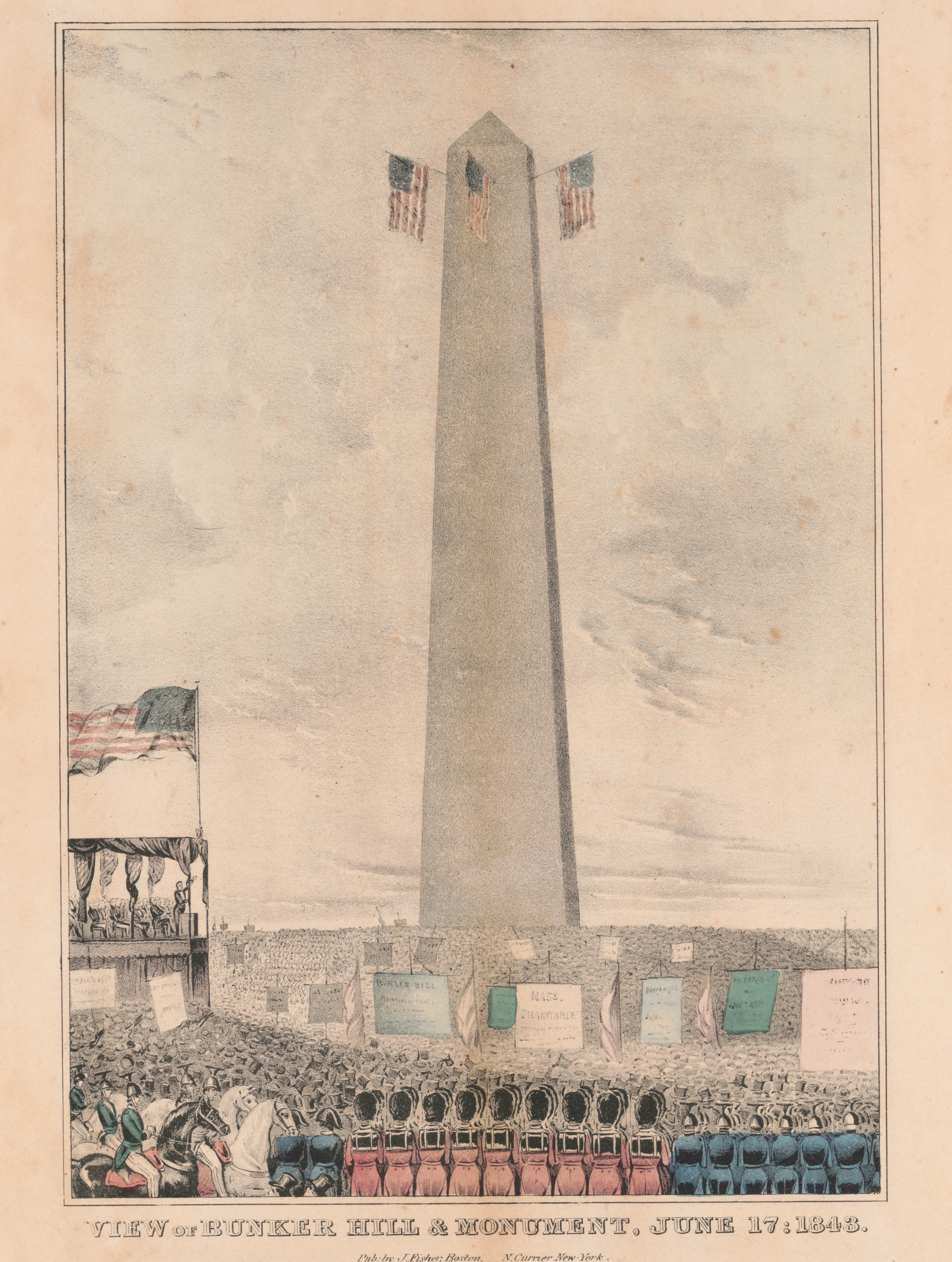 A large crowd surround the Bunker Hill Monument while listening to an orator on a stage platform.
