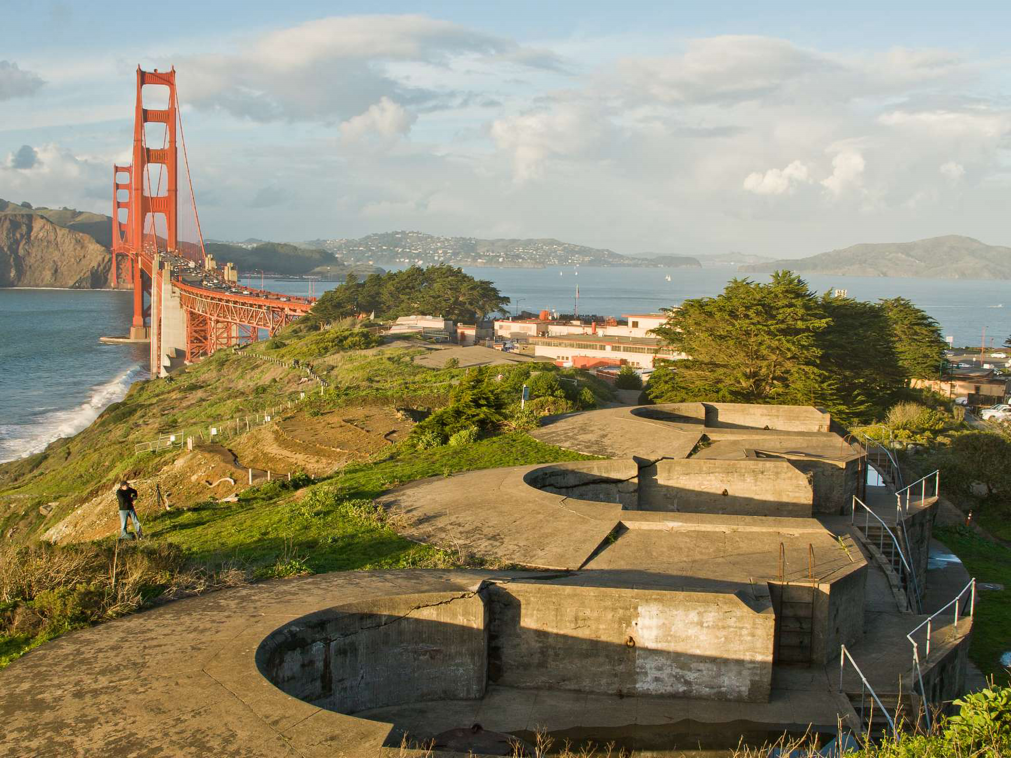 Colored photo looking north from Battery Boutelle, showing the Golden Gate Bridge