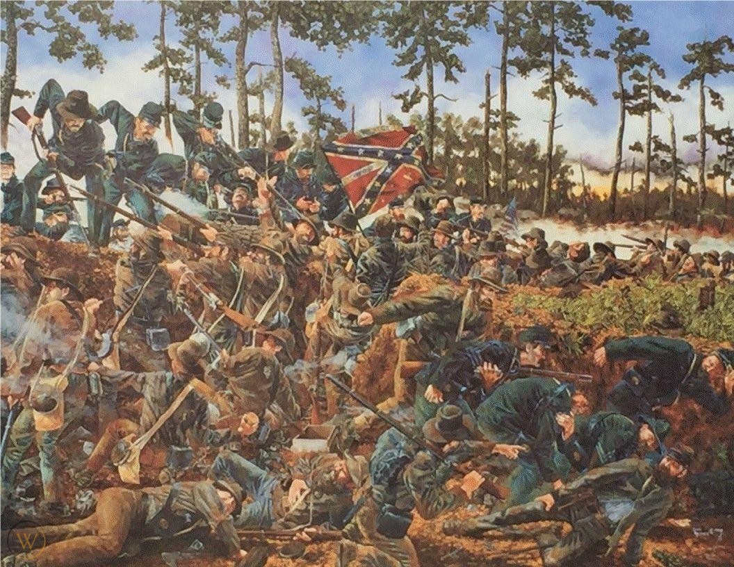 This is a color oil painting showing a chaotic Civil War battle