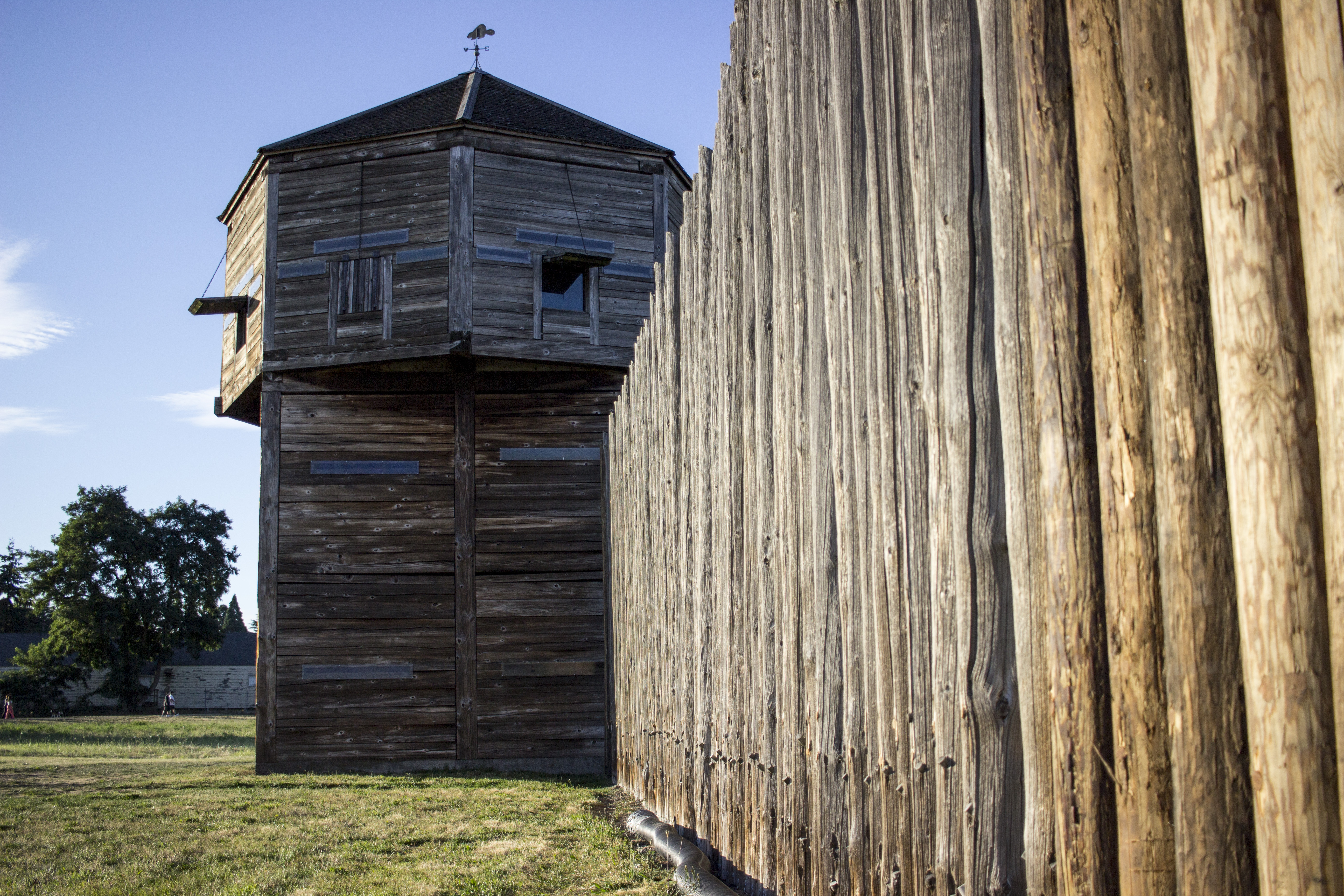The wooden bastion, a tower in the corner of the Fort Vancouver palisade wall.