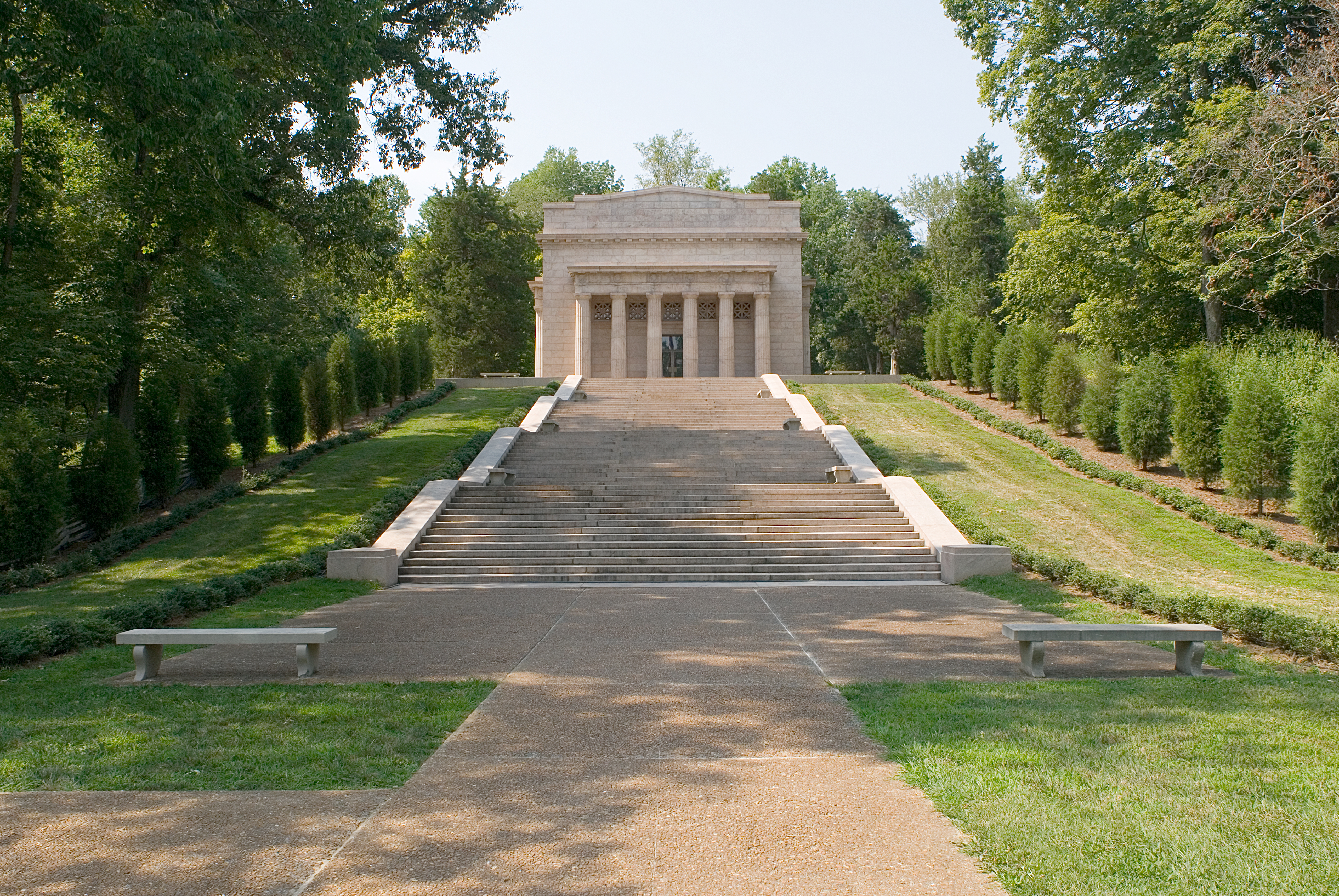 The First Lincoln Memorial - large white structure on a hill with 56 stairs