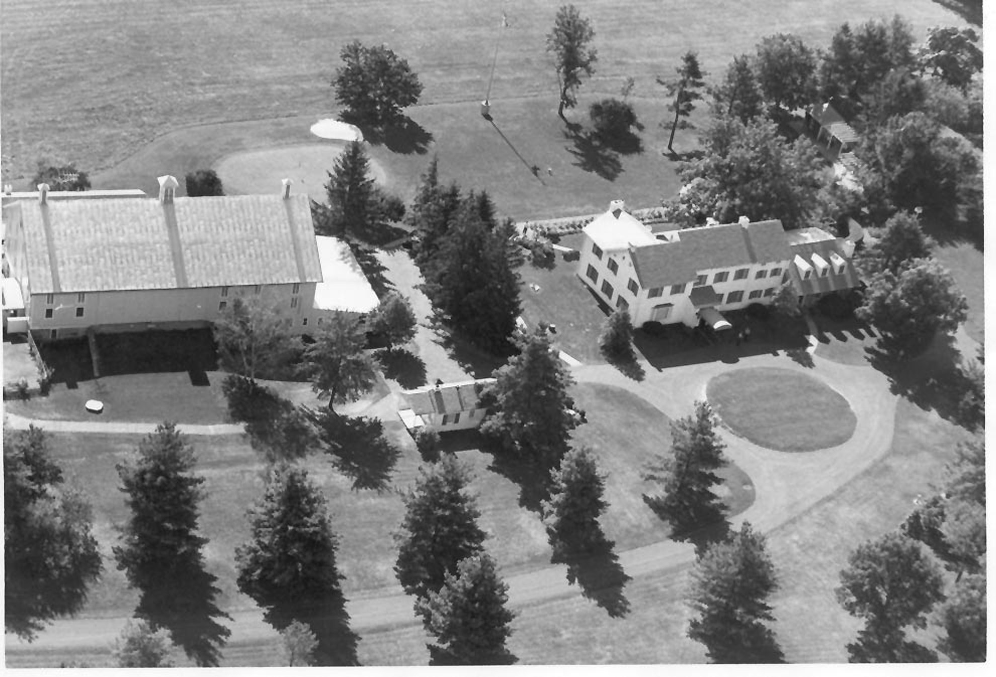 A black and white aerial view of the Eisenhower farm.