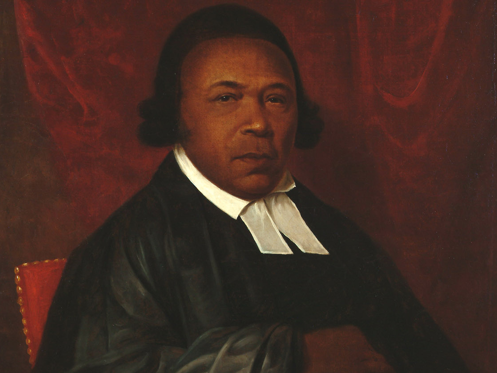 A color image of an 18th century portrait of Absolom Jones wearing the clothes of a minister.