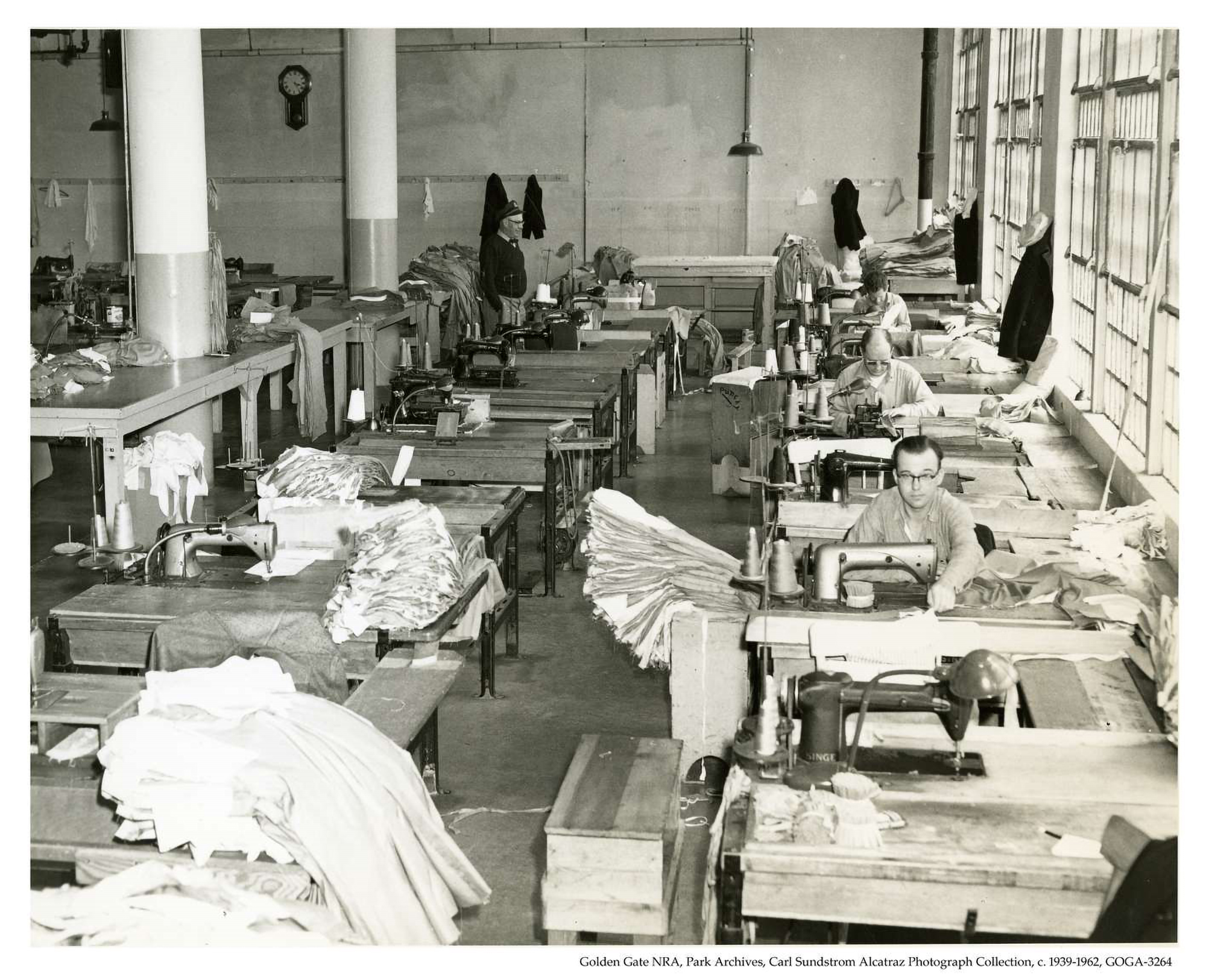 Black and white images of men sitting at sewing machines with a large pile of clothes besides them.