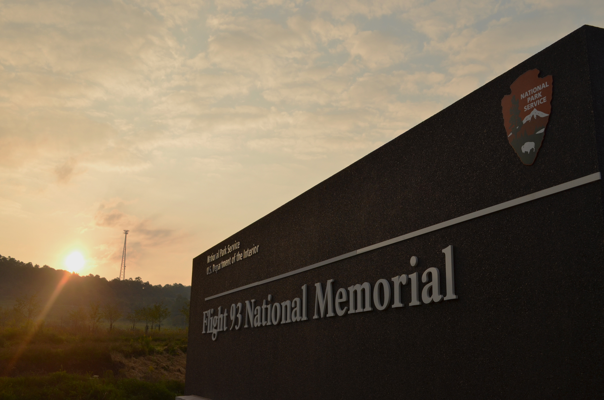 Sunrise with entrance sign of Flight 93 National Memorial.