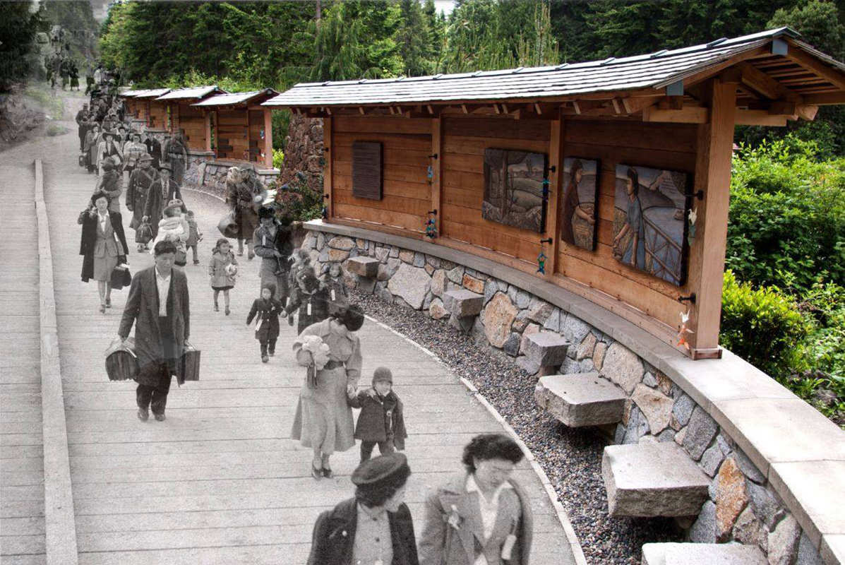 Historic image and modern image memorial location blended to show people walking along the path.