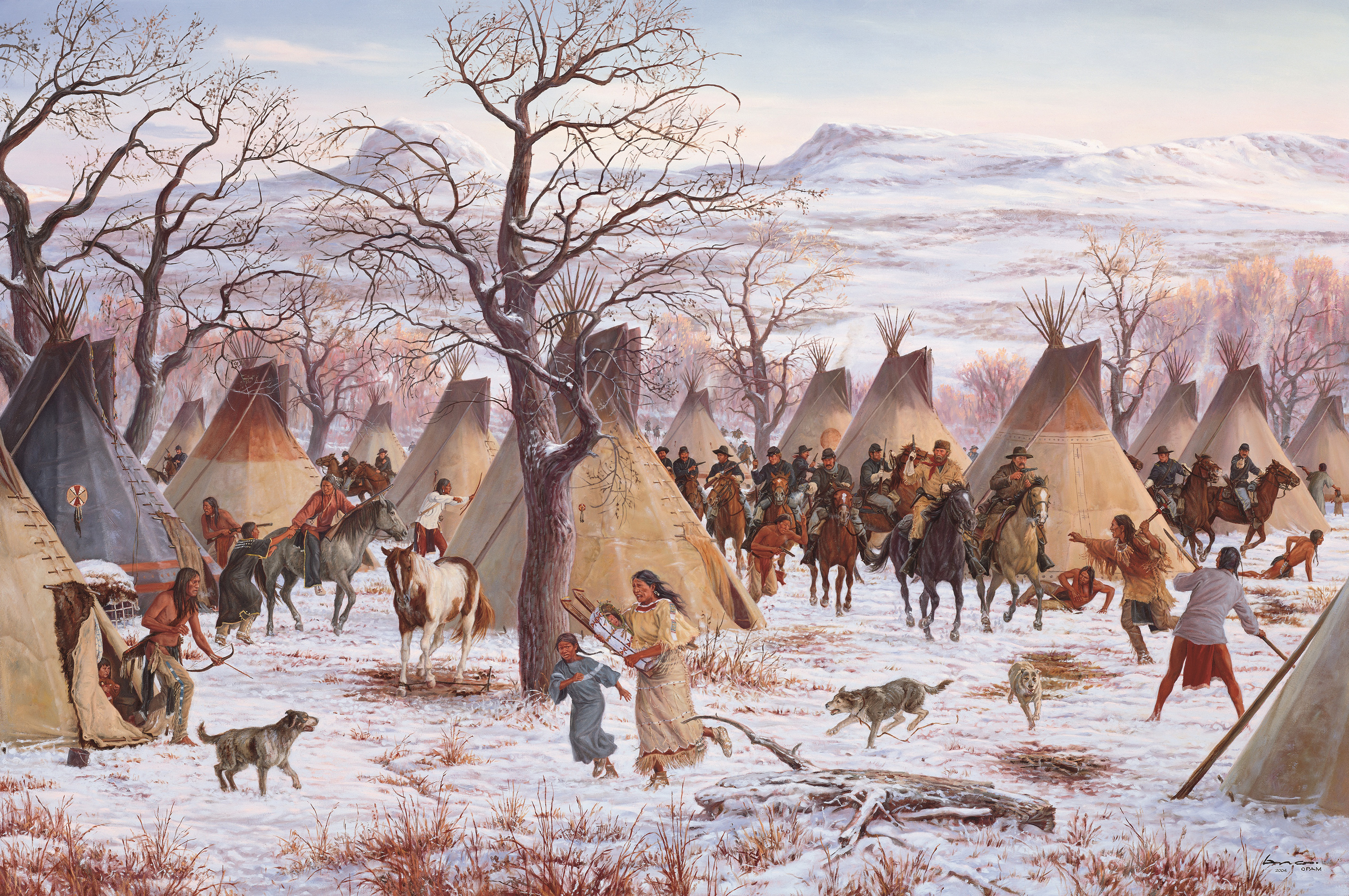 Soldiers charging through tipis in the snow while Cheyenne try to fight back and run for safety.